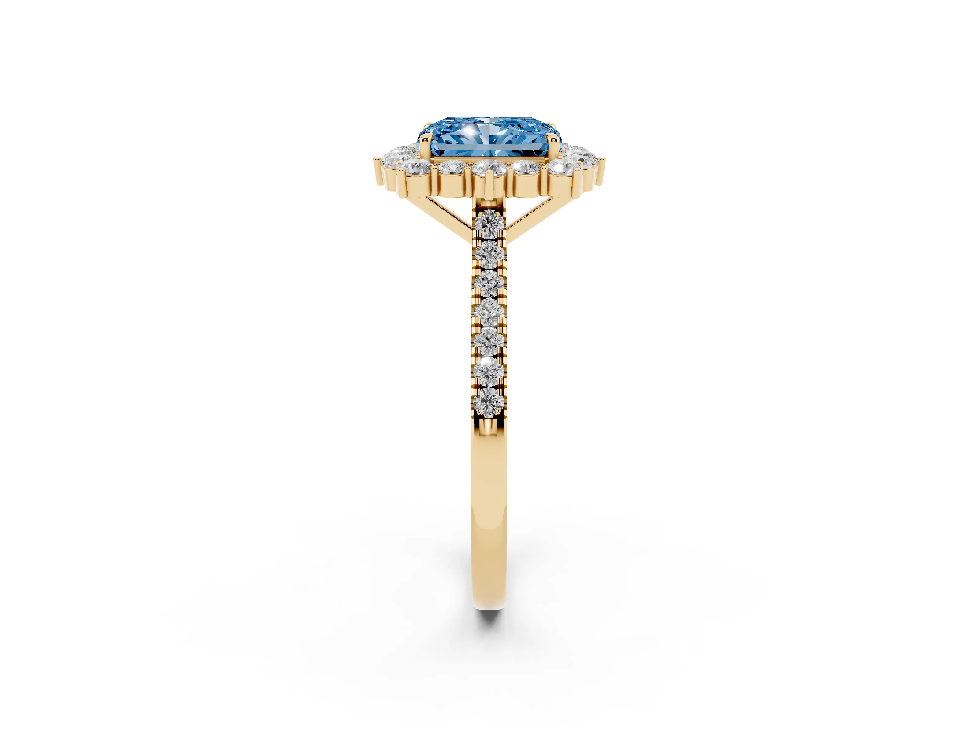 Fancy Blue Radiant Cut Diamond Halo Ring Set in Yellow gold with Pavé Band and Prong Setting