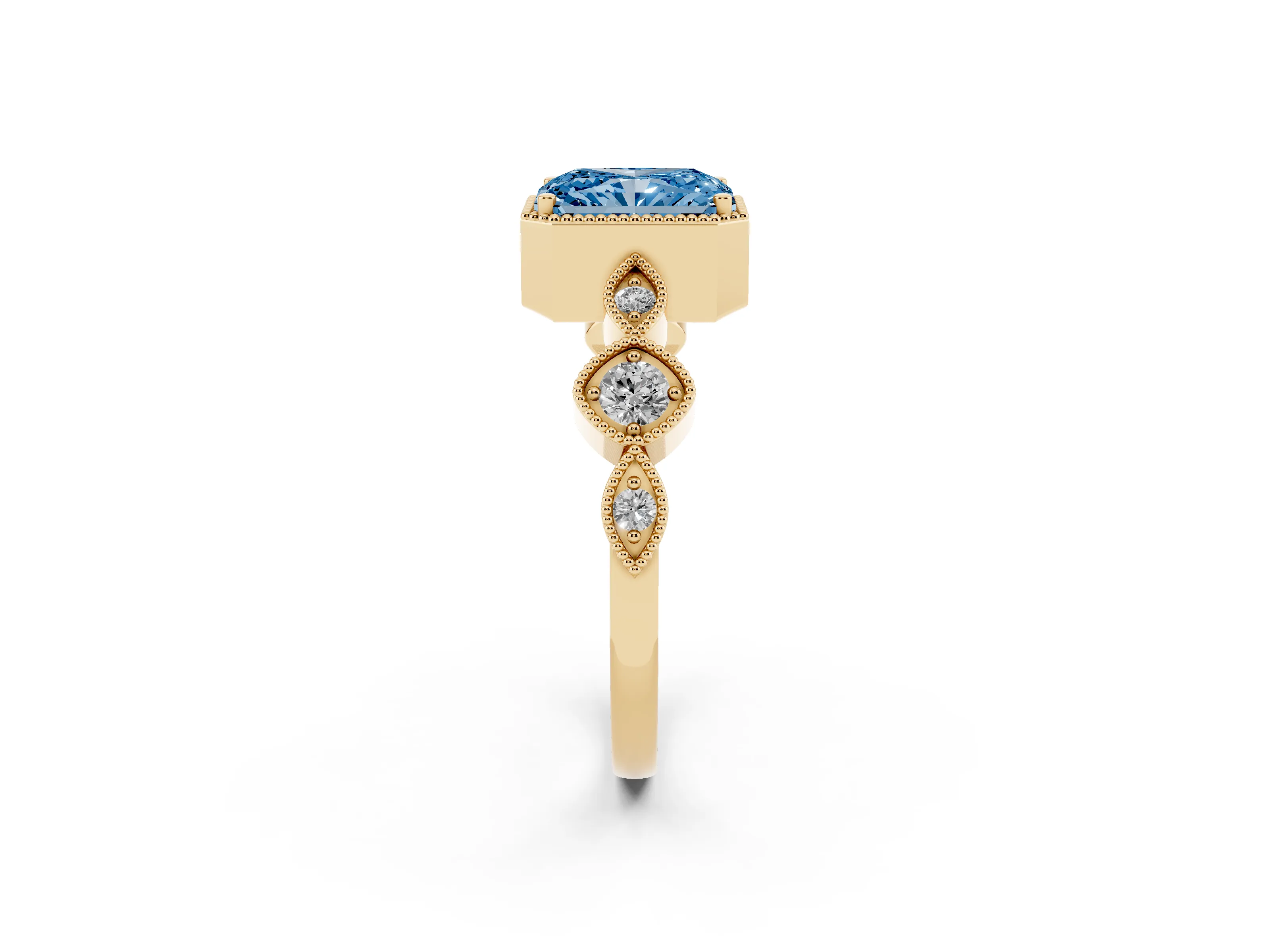 Fancy Blue Radiant Cut Diamond Vintage-Inspired Milgrain Ring Set in Yellow gold with Marquise Stations of Round Accents