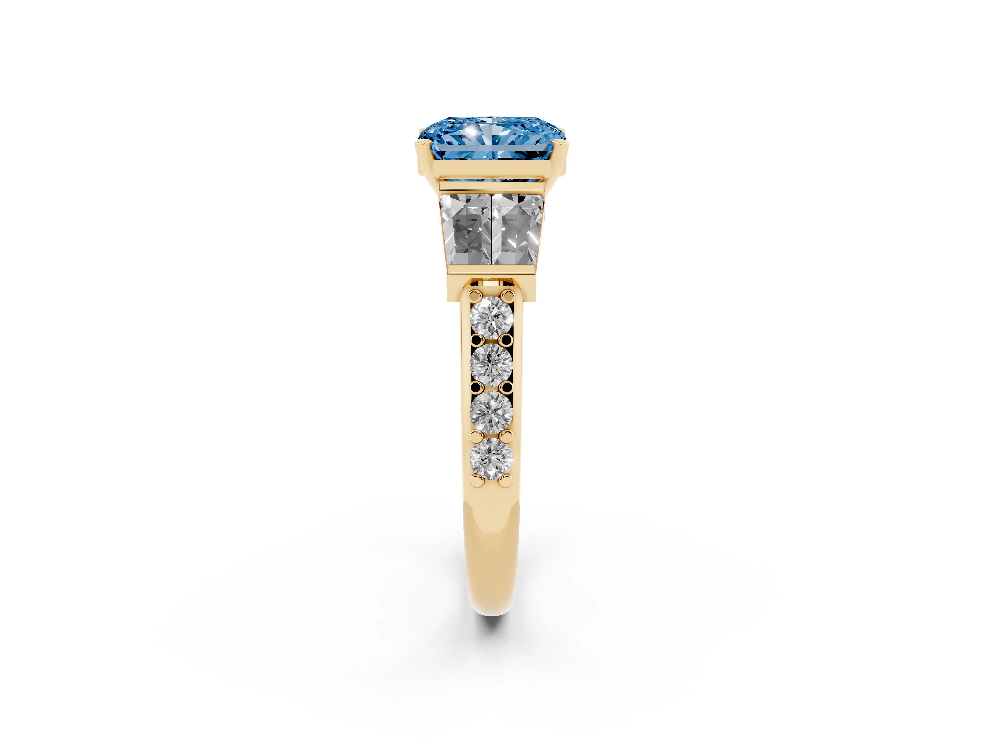 Fancy Blue Radiant Cut Diamond Engagement Ring Set in Yellow gold with Baguette Side Stones and Channel Set Band