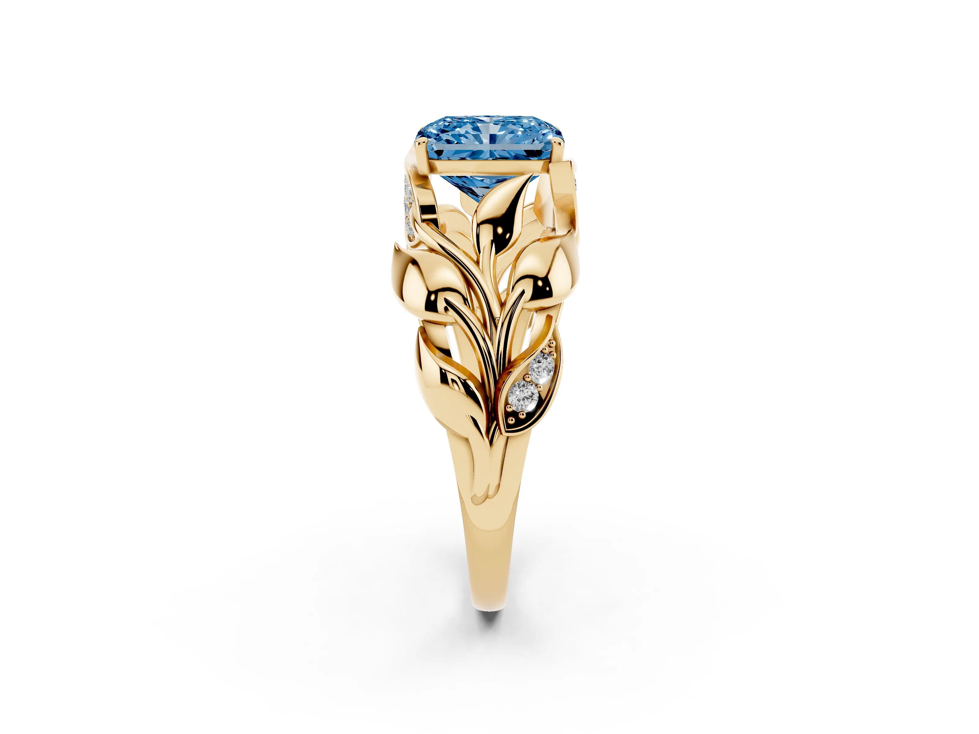 Fancy Blue Radiant Cut Diamond Leaf-Inspired Engagement Ring Set in Yellow gold with Round Accents