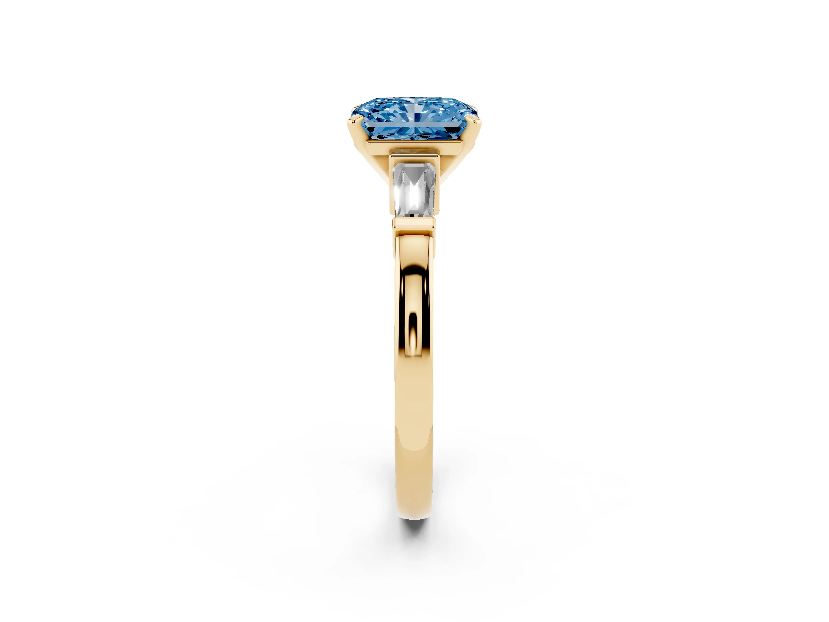 Fancy Blue Radiant Cut Diamond Solitaire Ring Set in Yellow gold with Tapered Baguette Accents and Prong Setting