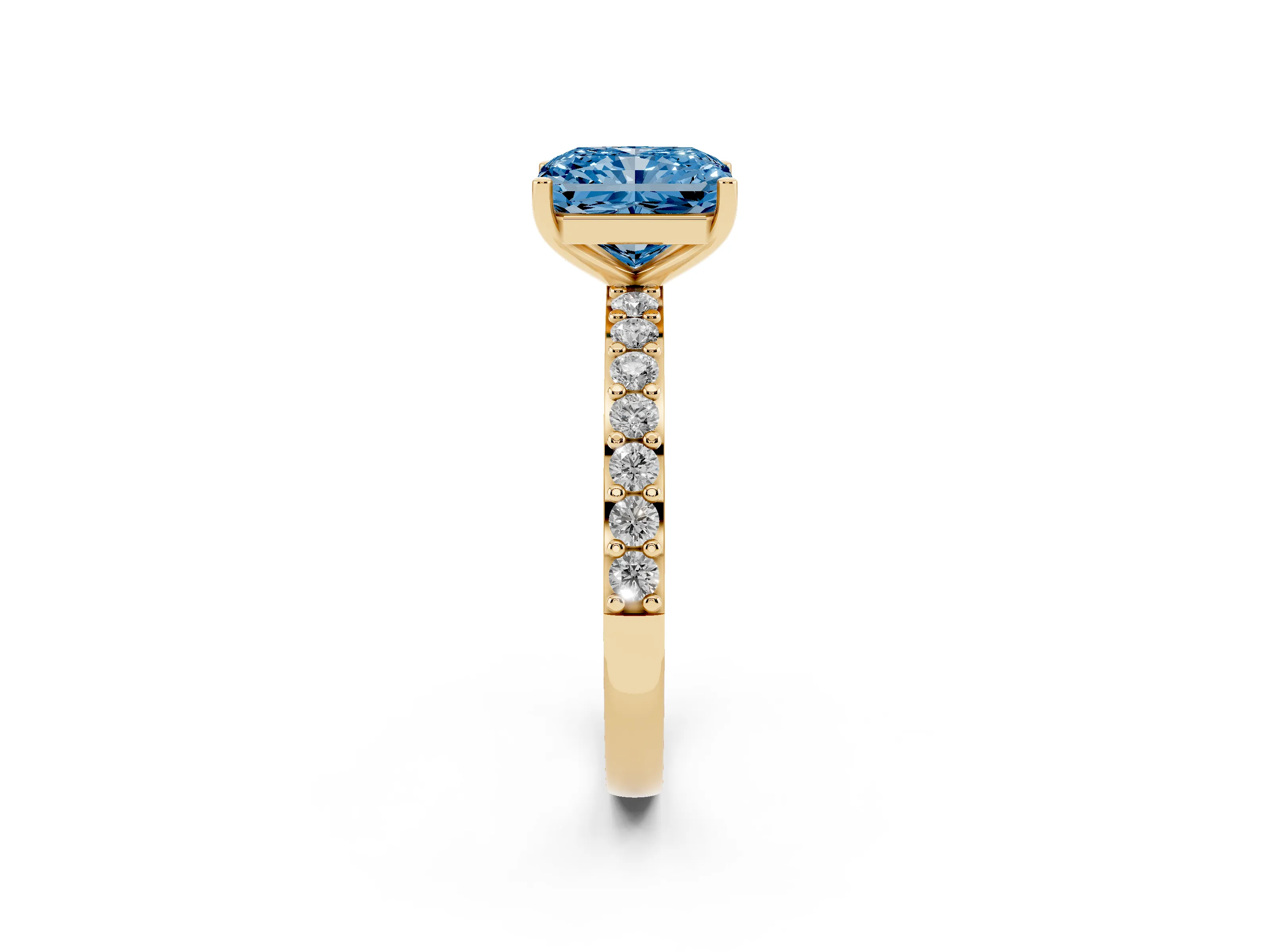 Fancy Blue Radiant Cut Diamond Solitaire Set in Yellow gold with Round Pavé Band and Prong Setting