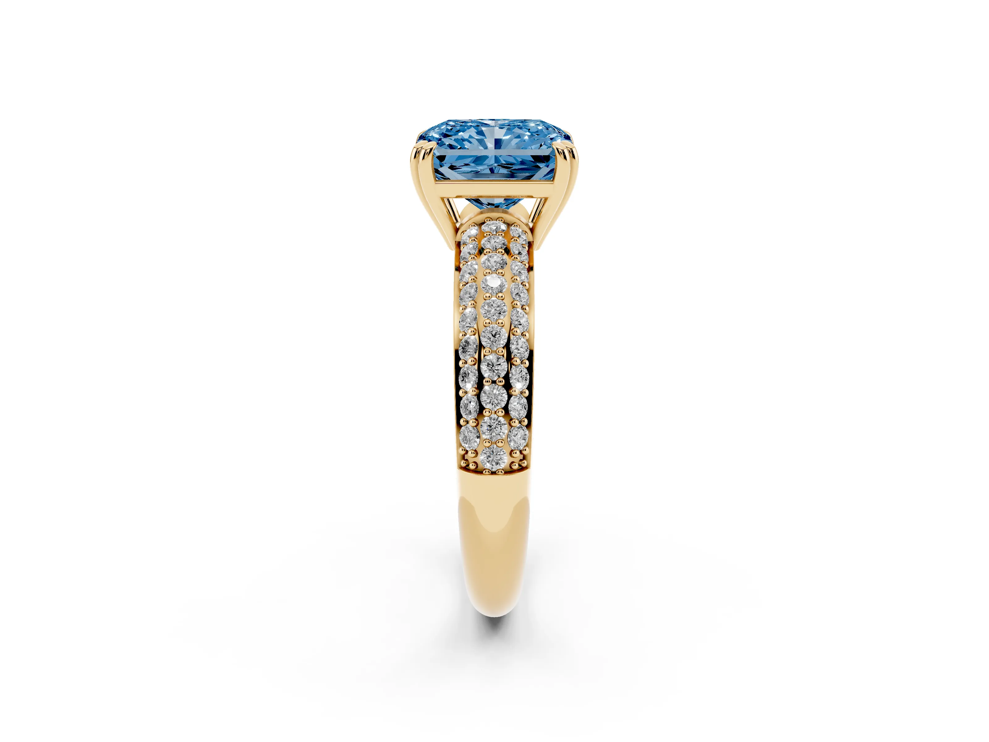 Fancy Blue Radiant Cut Diamond Solitaire Ring Set in Yellow gold with Multi-Row Round Pavé Band and Prong Setting