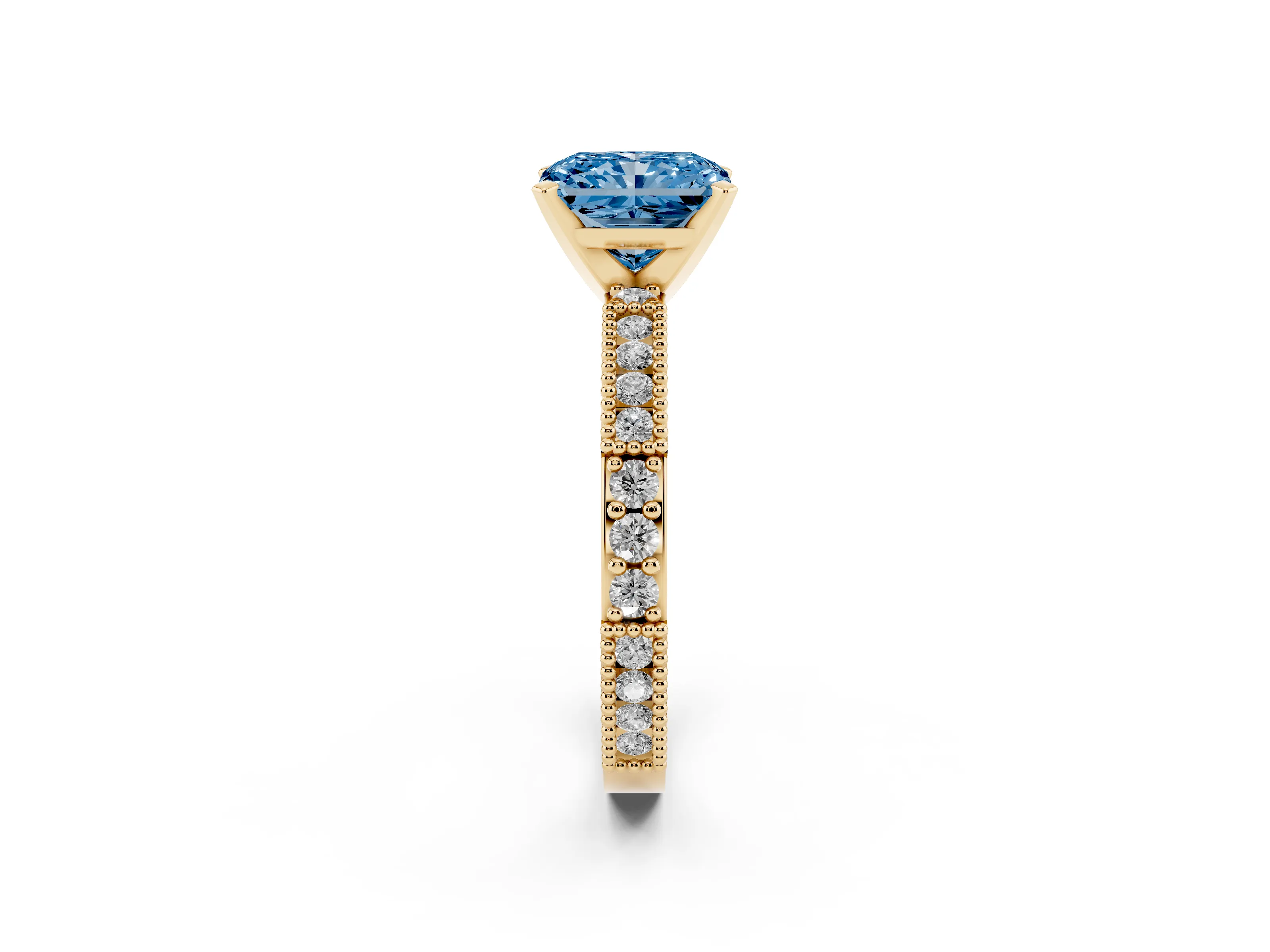 Fancy Blue Radiant Cut Diamond Solitaire Ring Set in Yellow gold with Slim Pavé Band and Prong Setting