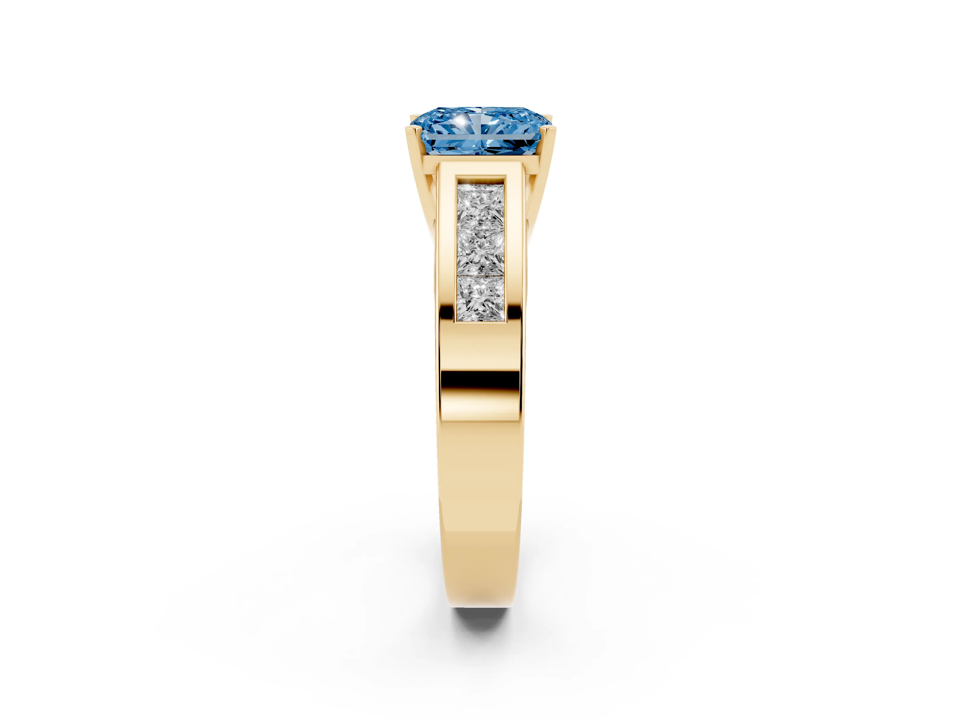 Fancy Blue Radiant Cut Diamond Solitaire Ring Set in Yellow gold with Channel-Set Accent Stones and Prong Setting