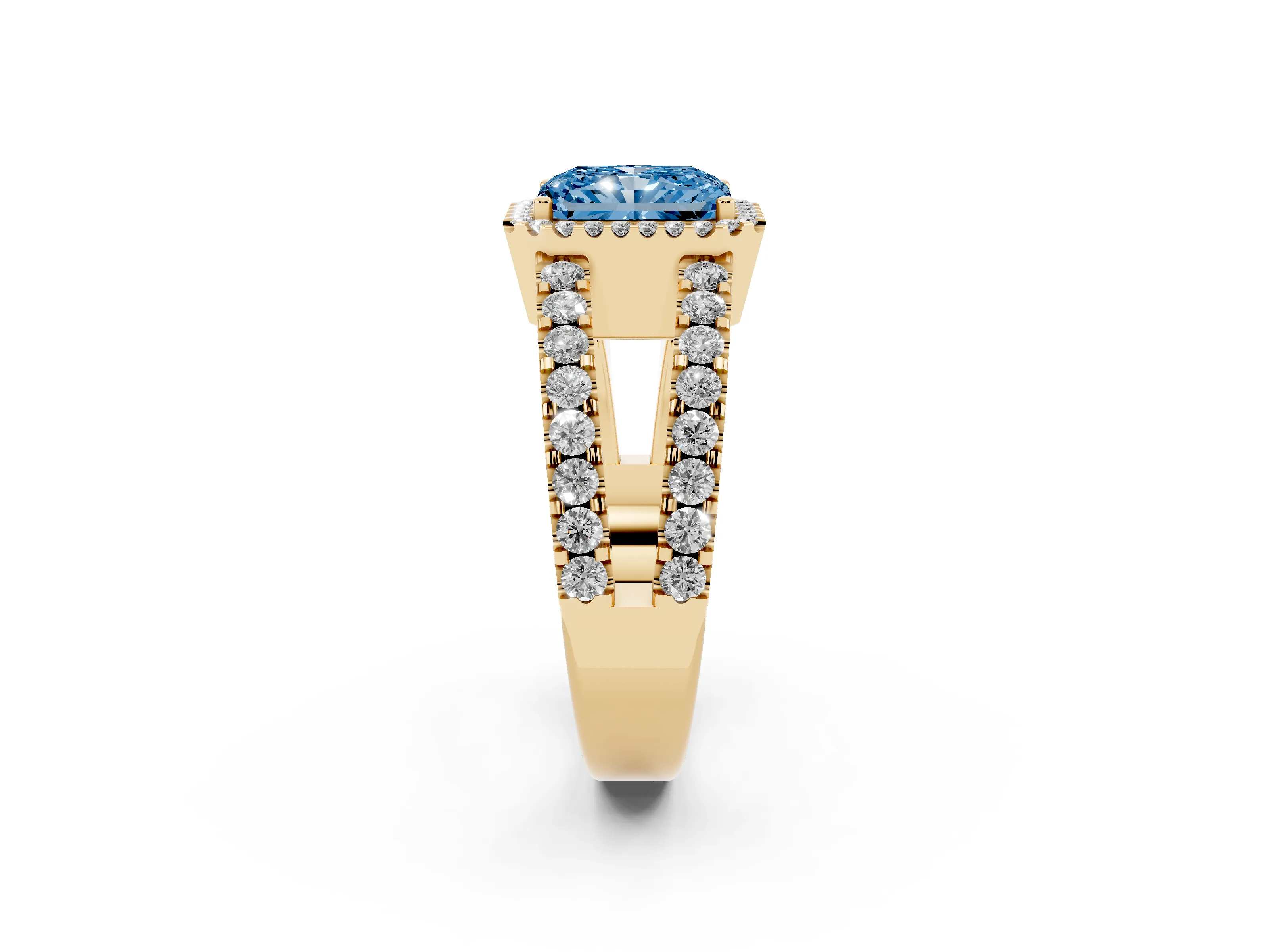 Fancy Blue Radiant Cut Diamond Halo Ring Set in Yellow gold with Pavé Split Shank and Prong Setting