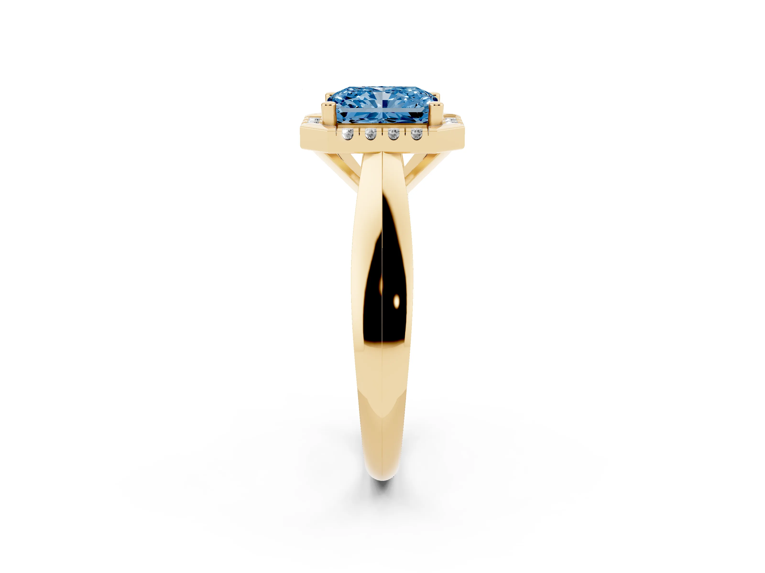 Fancy Blue Radiant Cut Diamond Halo Solitaire Engagement Ring Set in Yellow gold with Square Band and Prong Setting