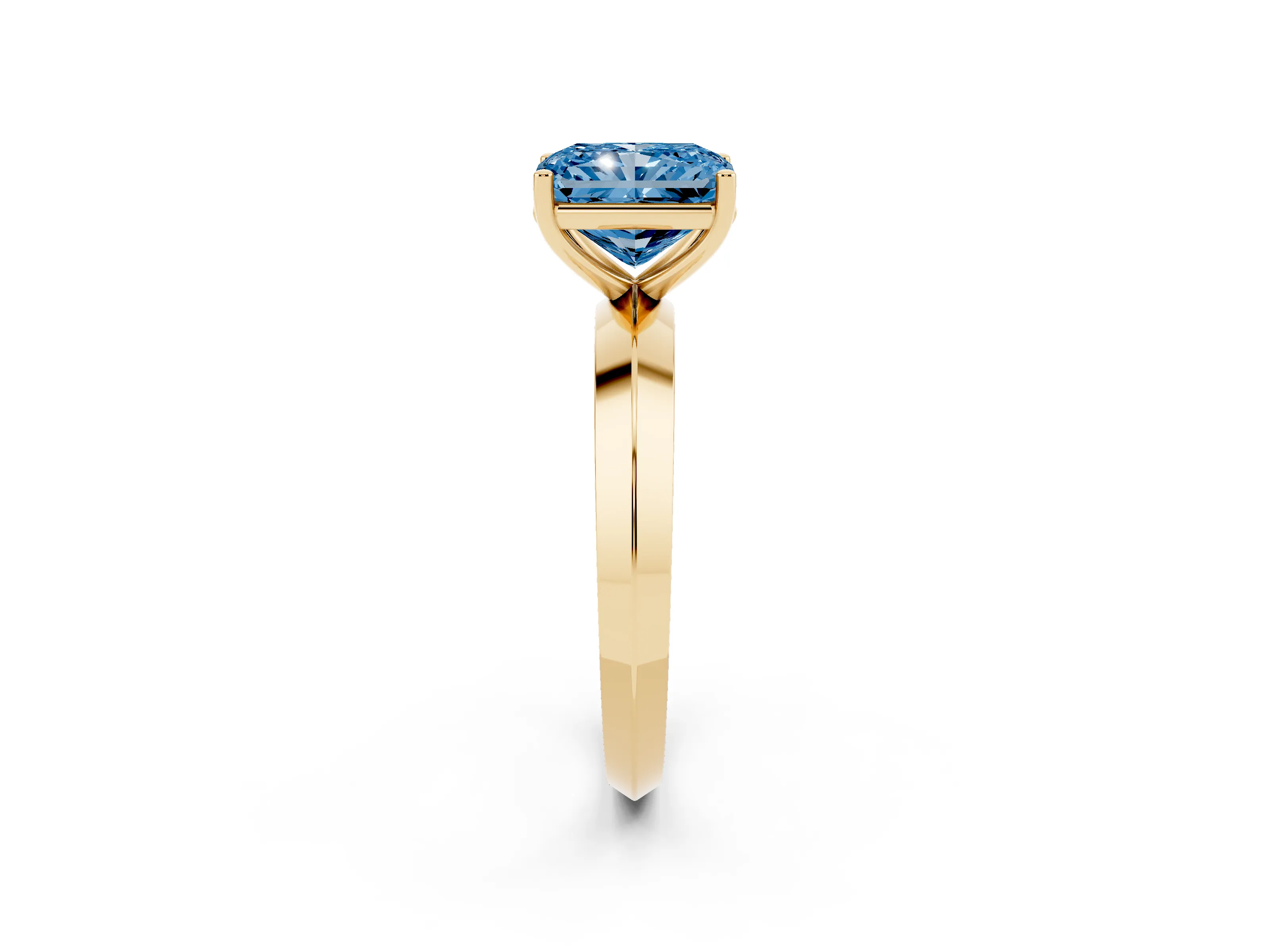 Fancy Blue Radiant Cut Diamond Solitaire Engagement Ring Set in Yellow gold with Flat Band and Prong Setting