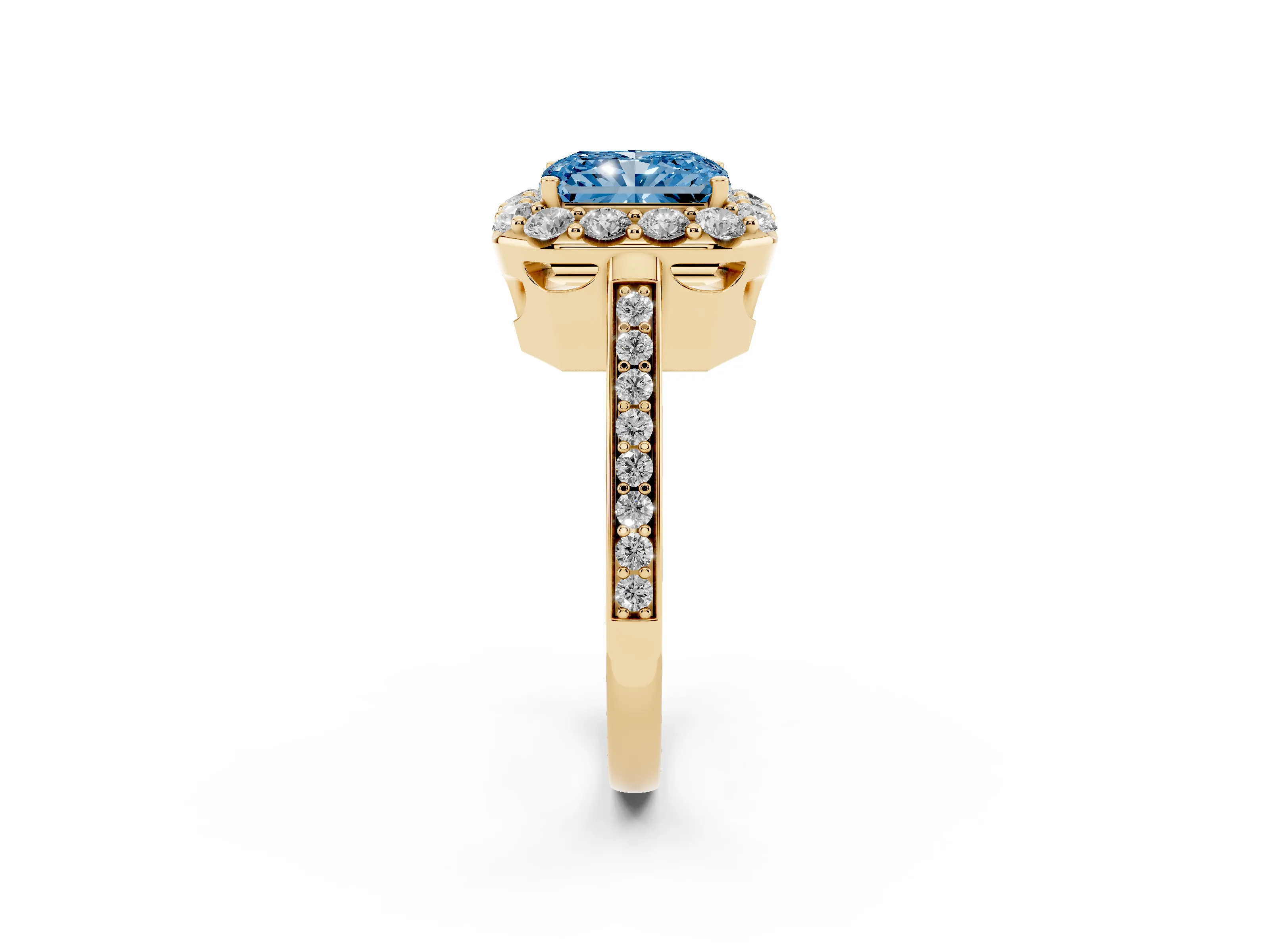 Fancy Blue Radiant Cut Diamond Floral Halo Ring Set in Yellow gold with Pavé Band and Prong Setting