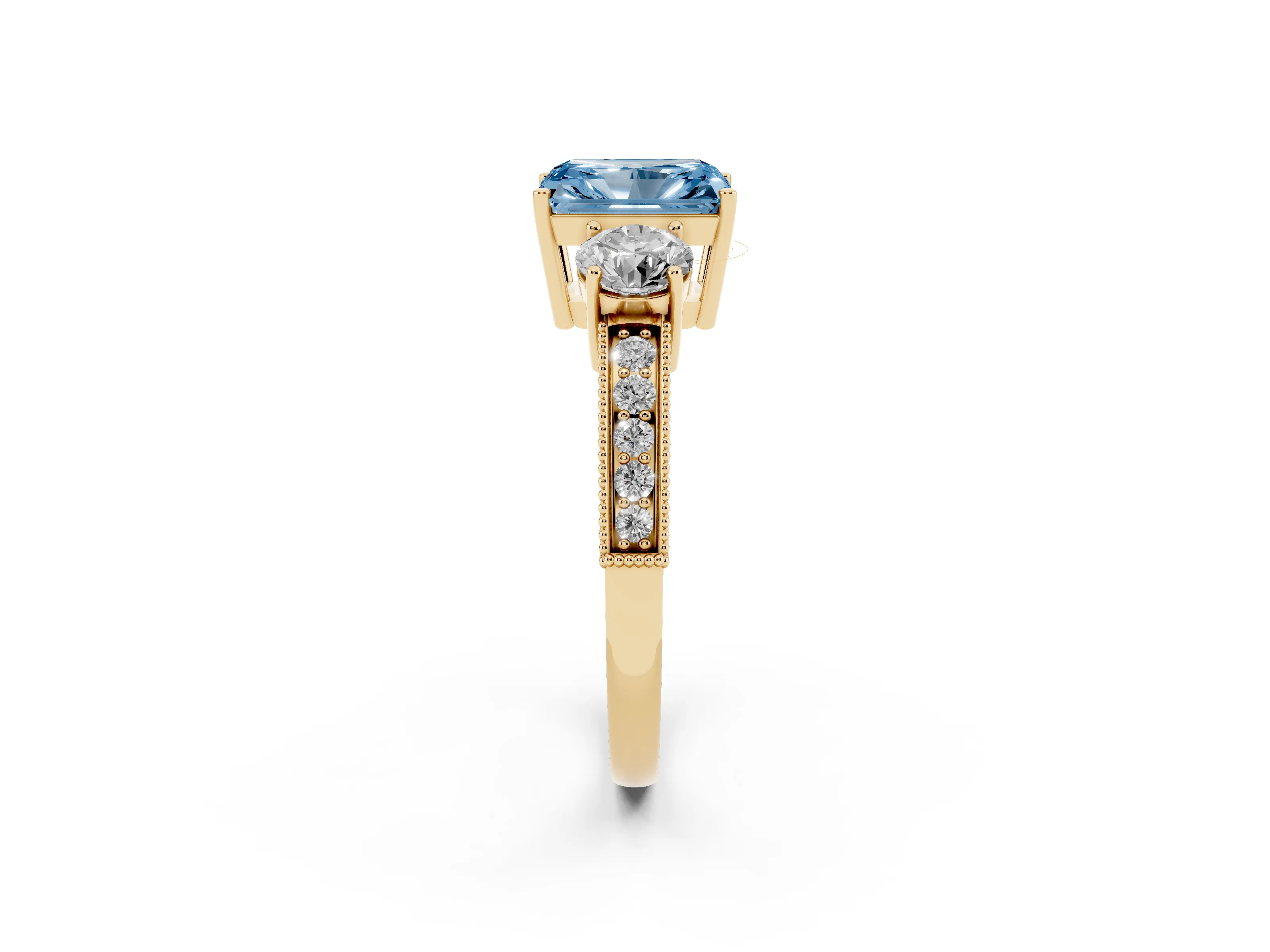 Fancy Blue Radiant Cut Diamond Three-Stone Ring Set in Yellow gold with Round Side Stones and Pavé Band
