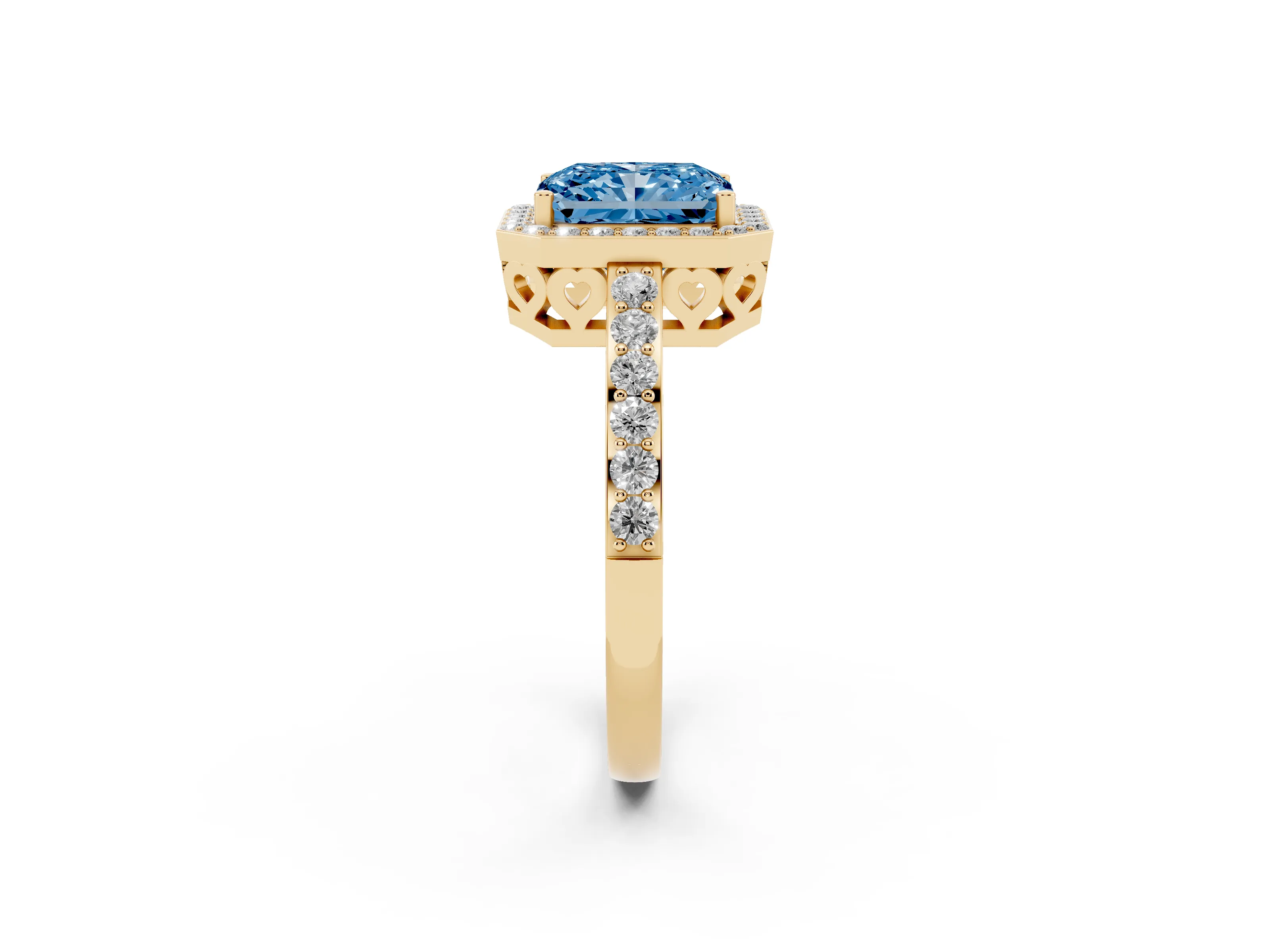 Fancy Blue Radiant Cut Diamond Halo Ring Set in Yellow gold with Pavé-Setting Band and Open Prong Center