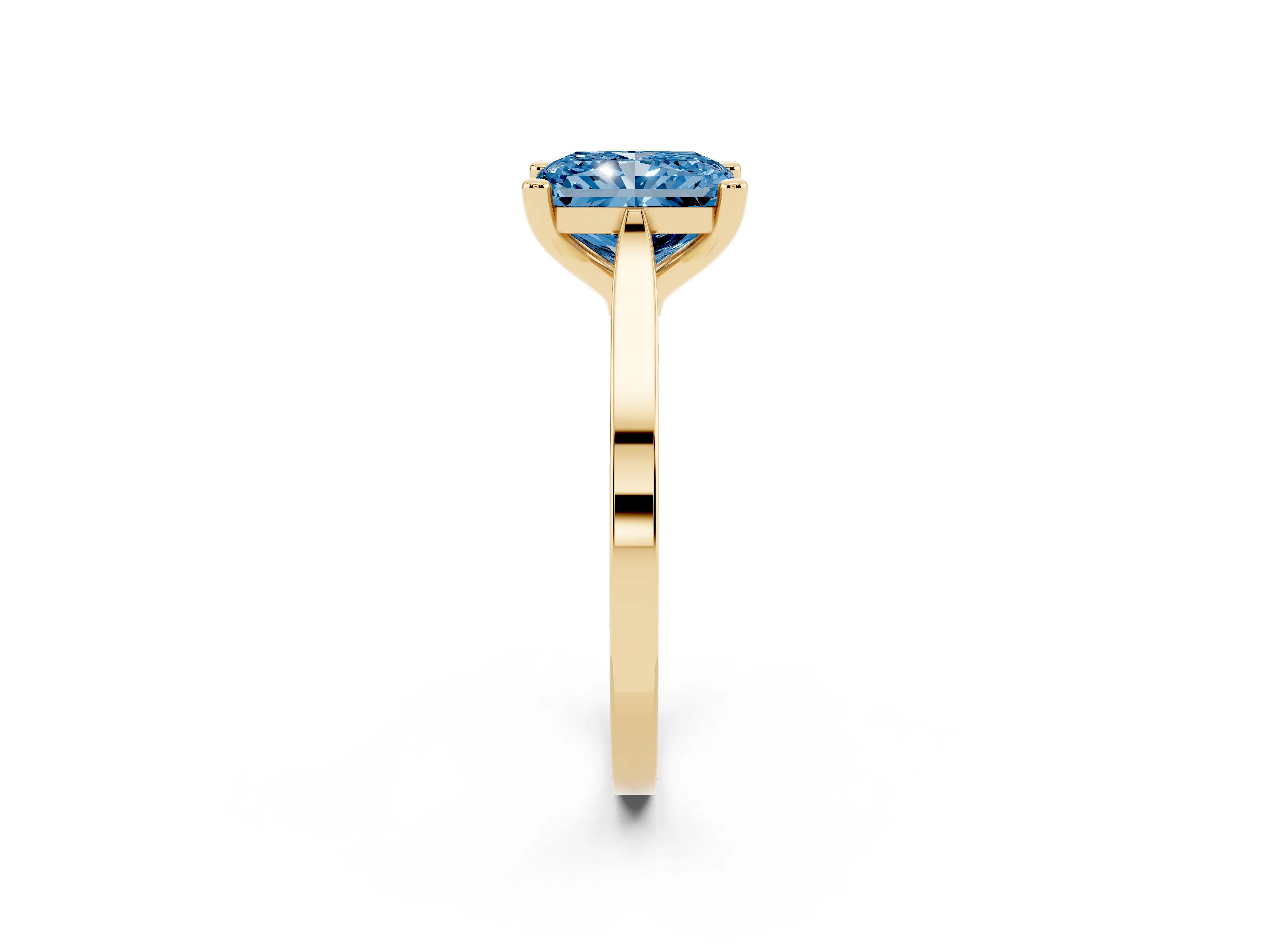 Fancy Blue Radiant Cut Diamond Solitaire Ring Set in Yellow gold with Prong Setting and Tapered Band