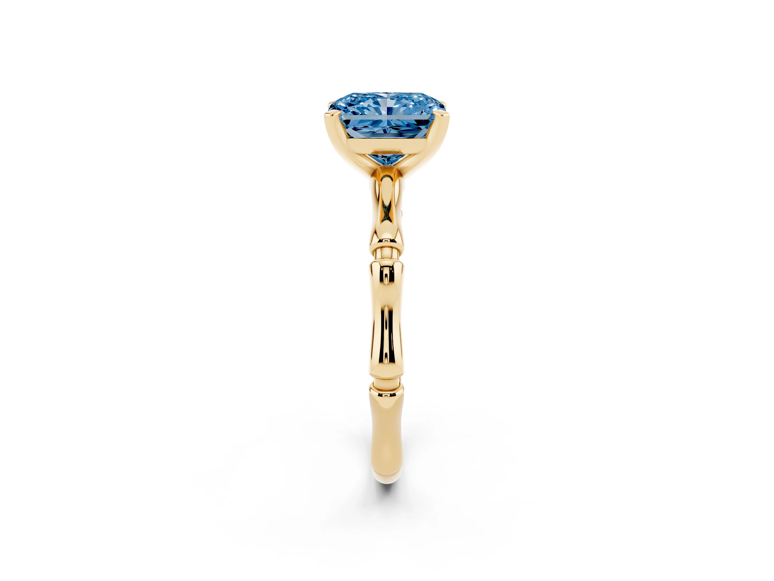 Fancy Blue Radiant Cut Diamond Solitaire Ring Set in Yellow gold with Bamboo Band and Prong Setting