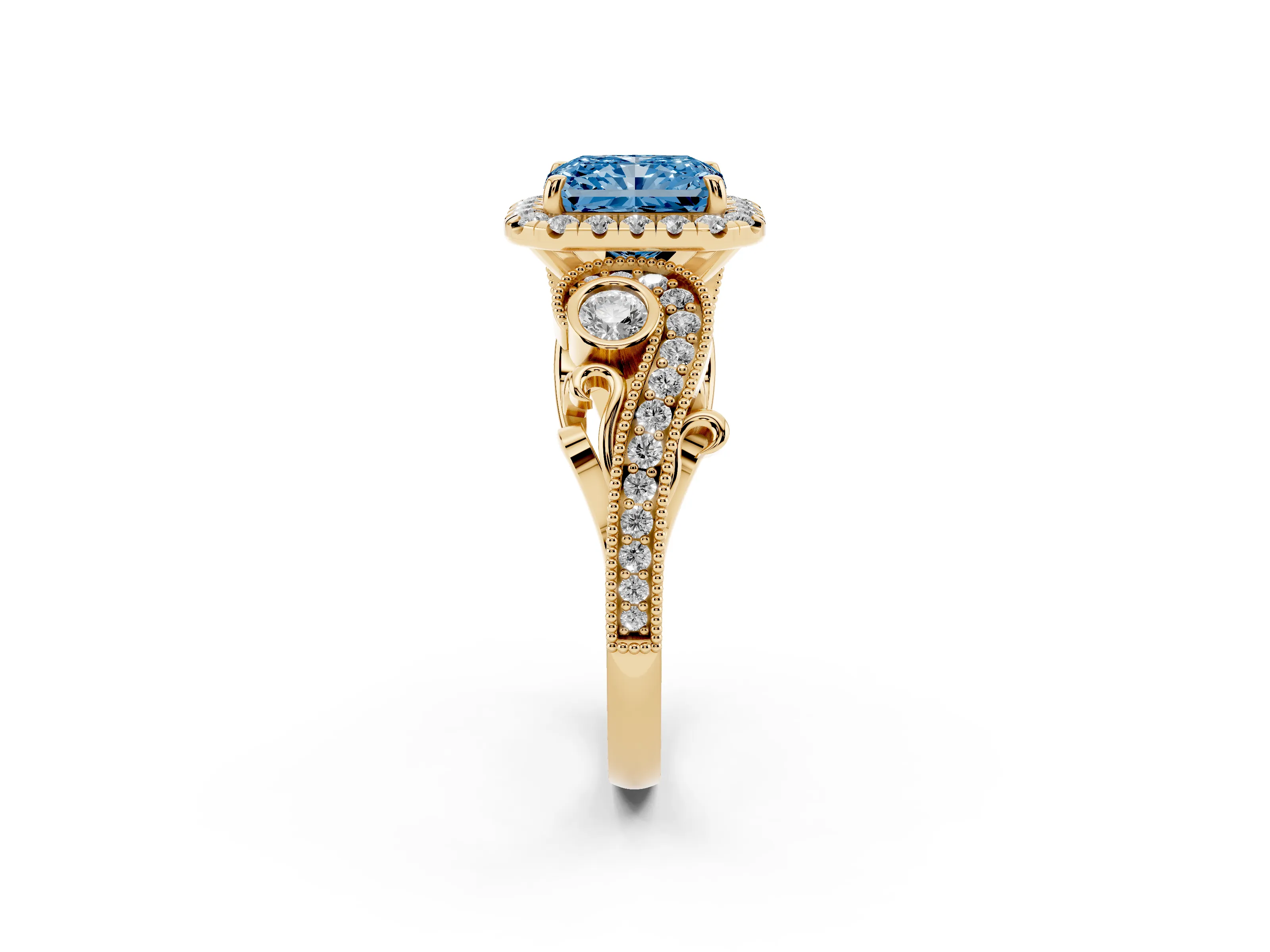 Fancy Blue Radiant Cut Diamond Halo Ring Set in Yellow gold with Milgrain Pavé Band and Prong Setting