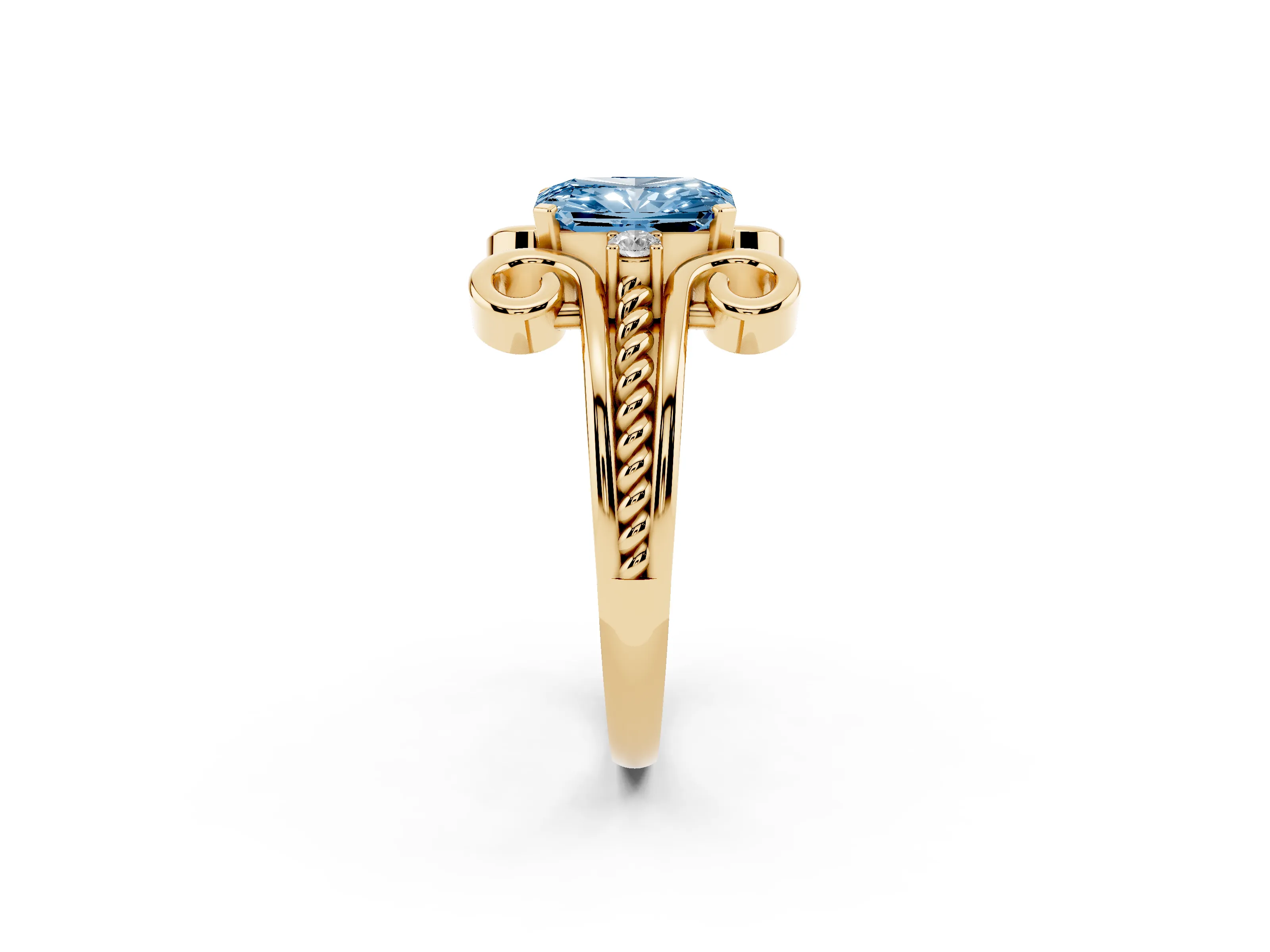 Fancy Blue Radiant Cut Diamond Twisted Band Solitaire Ring Set in Yellow gold with Scroll Prongs