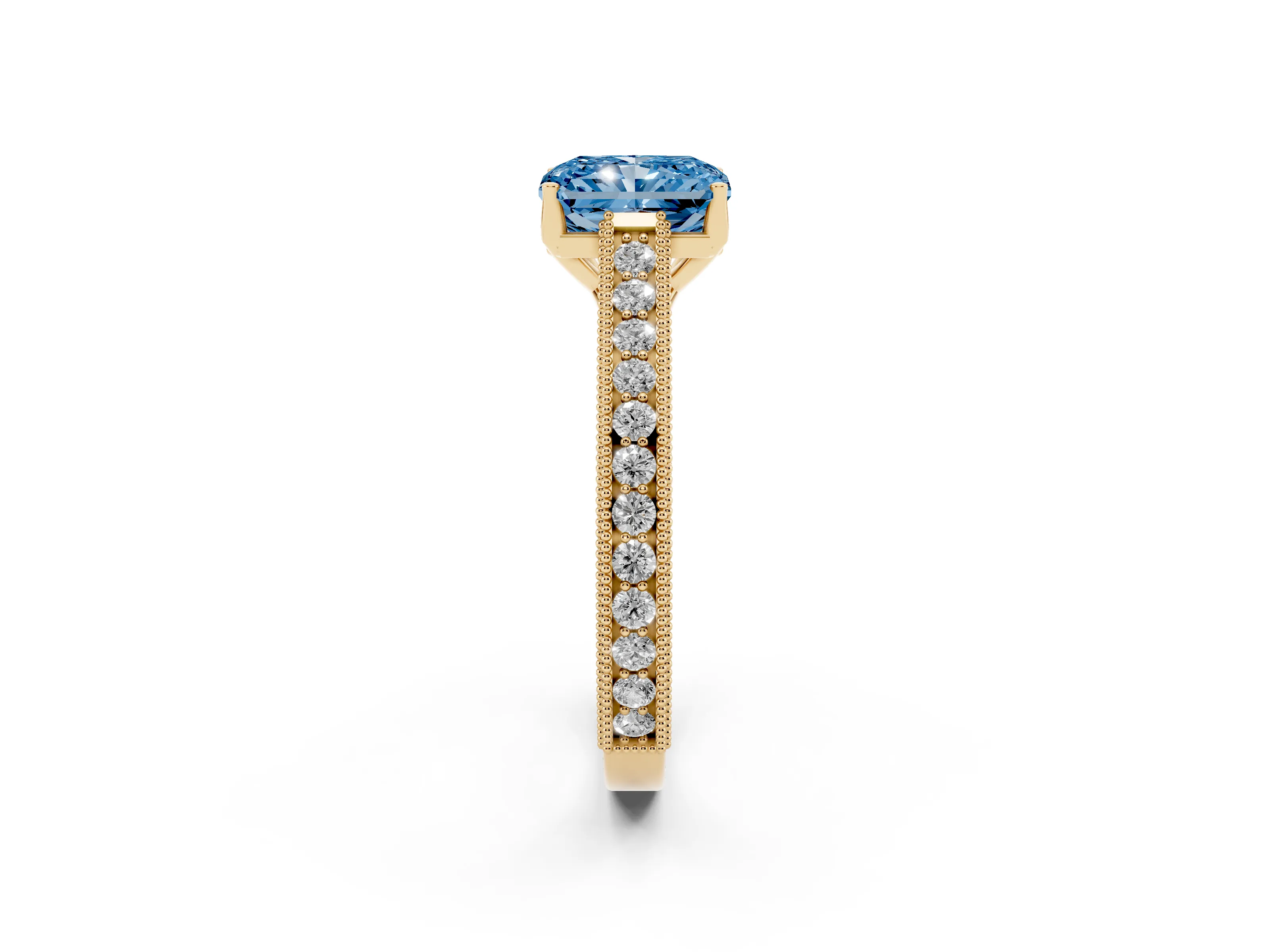 Fancy Blue Radiant Cut Diamond Milgrain Pavé Band Solitaire Ring Set in Yellow gold with Prong Setting