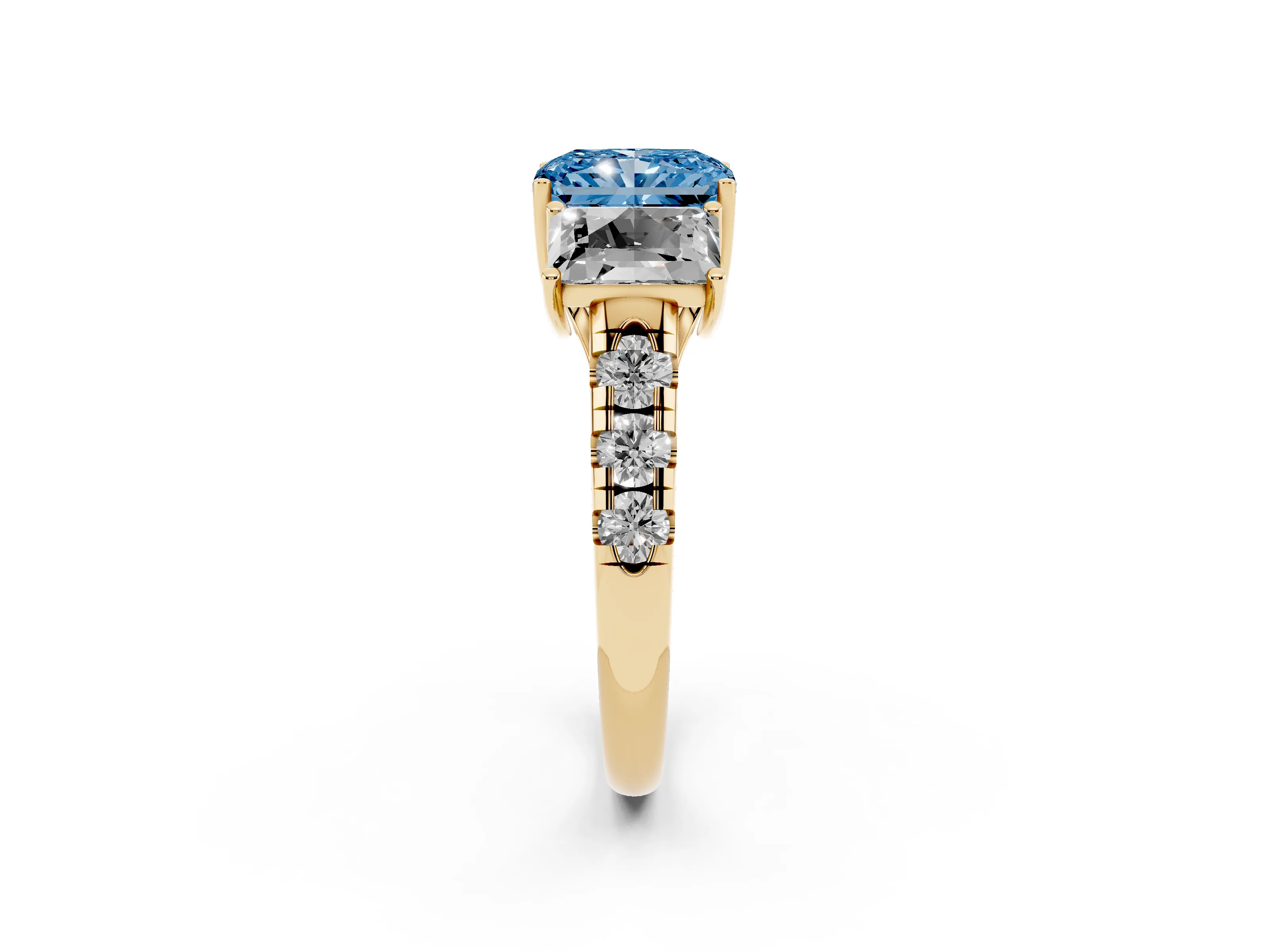 Fancy Blue Radiant Cut Diamond Three-Stone Ring Set in Yellow gold with Pavé Band