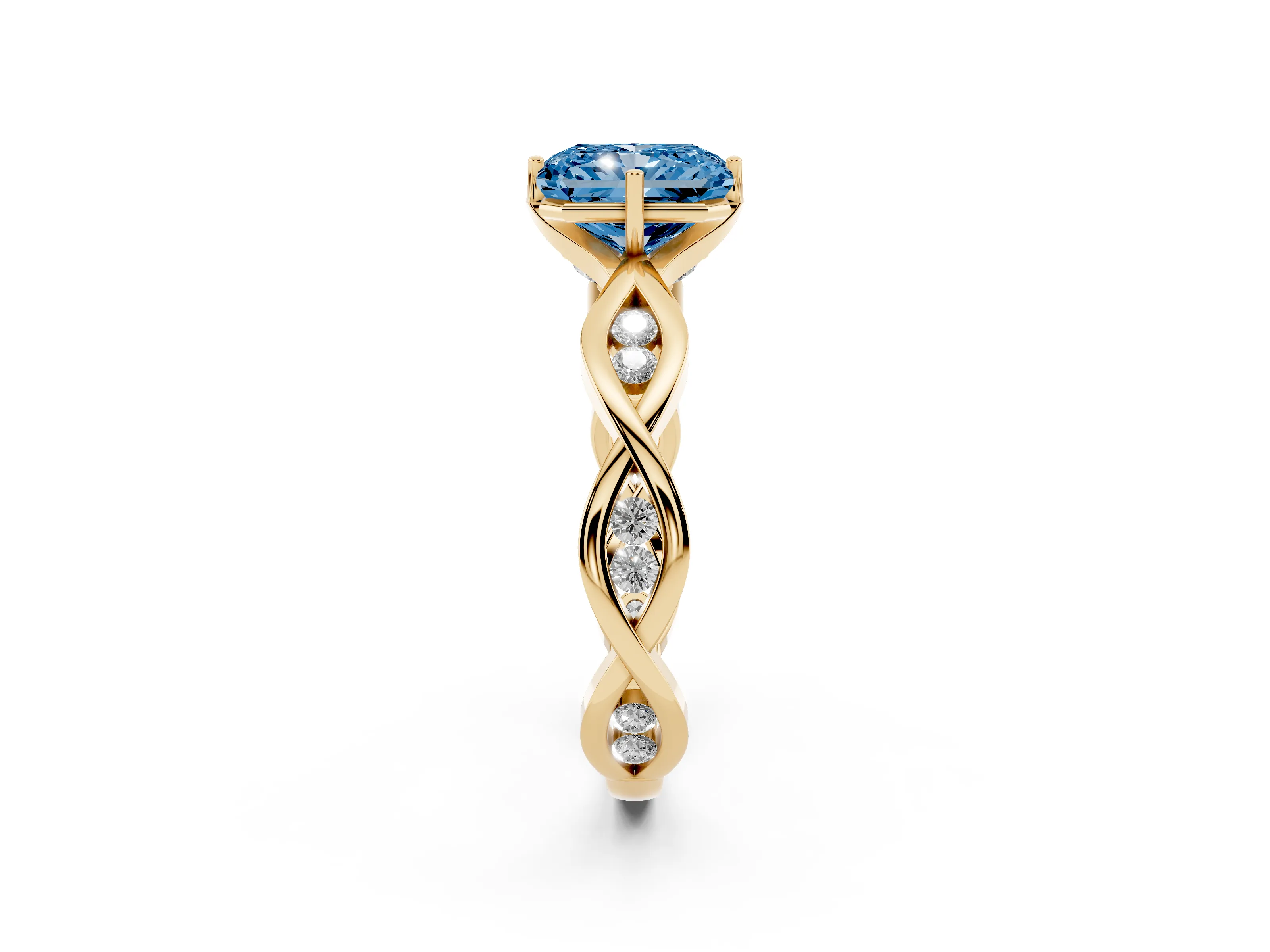 Fancy Blue Radiant Cut Diamond Twist Band Solitaire Ring Set in Yellow gold with Leaf Prong Setting and Accent Stones