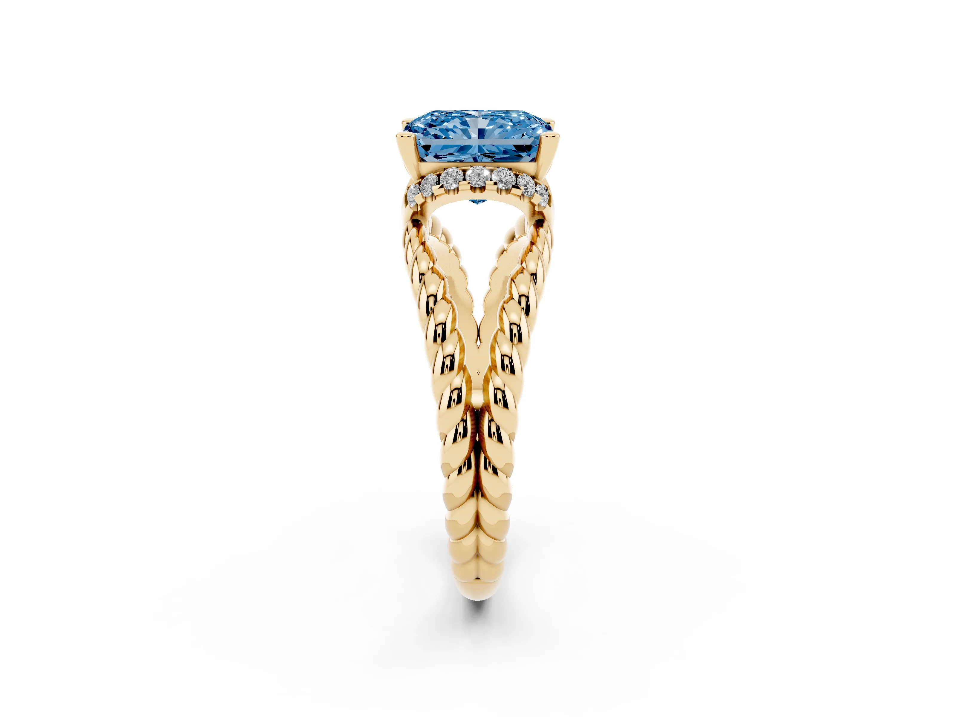 Fancy Blue Radiant Cut Diamond Halo Ring Set in Yellow gold with Twisted Band and Prong Setting