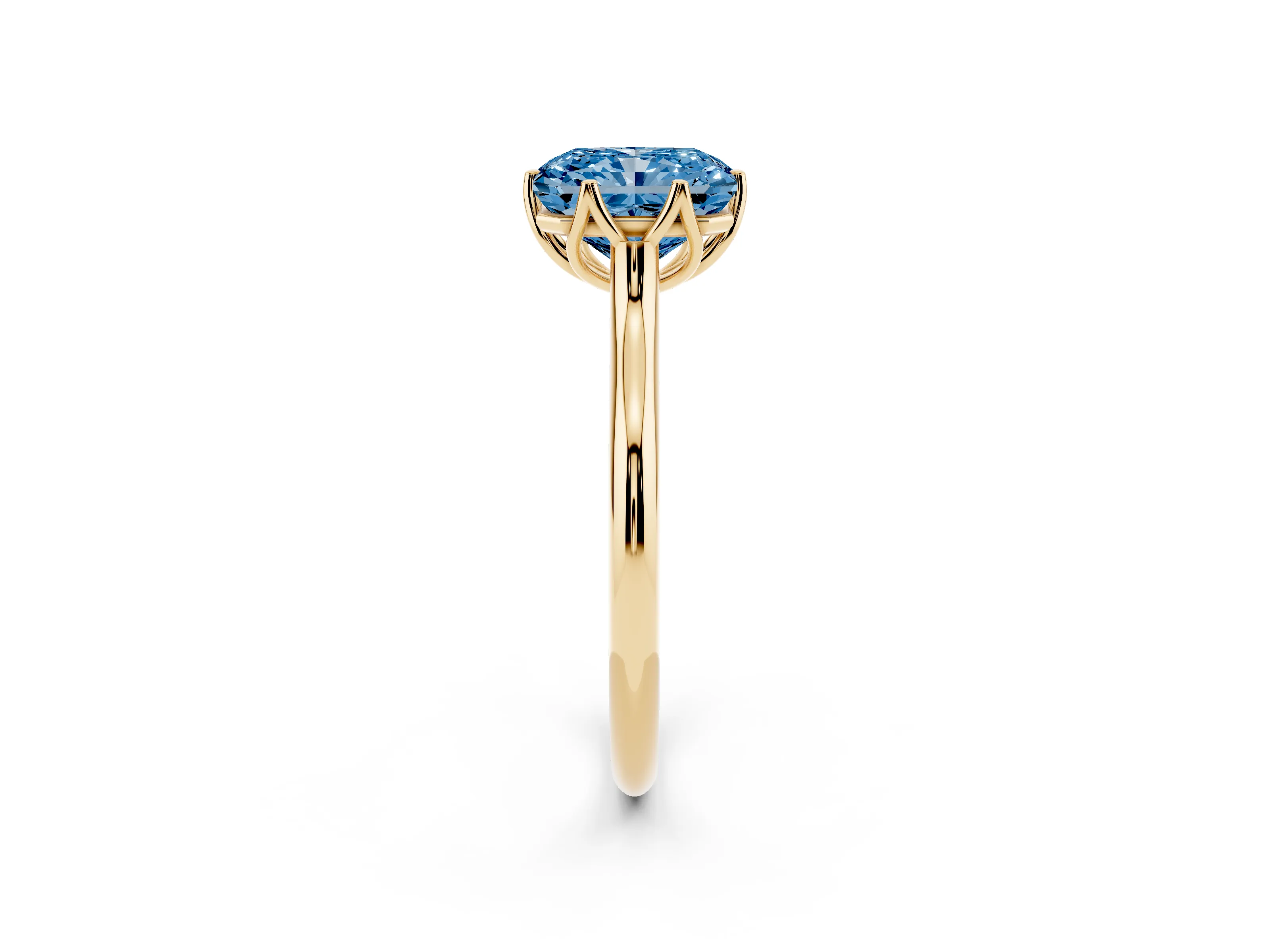 Fancy Blue Radiant Cut Diamond Solitaire Cathedral Ring Set in Yellow gold with Prong Setting