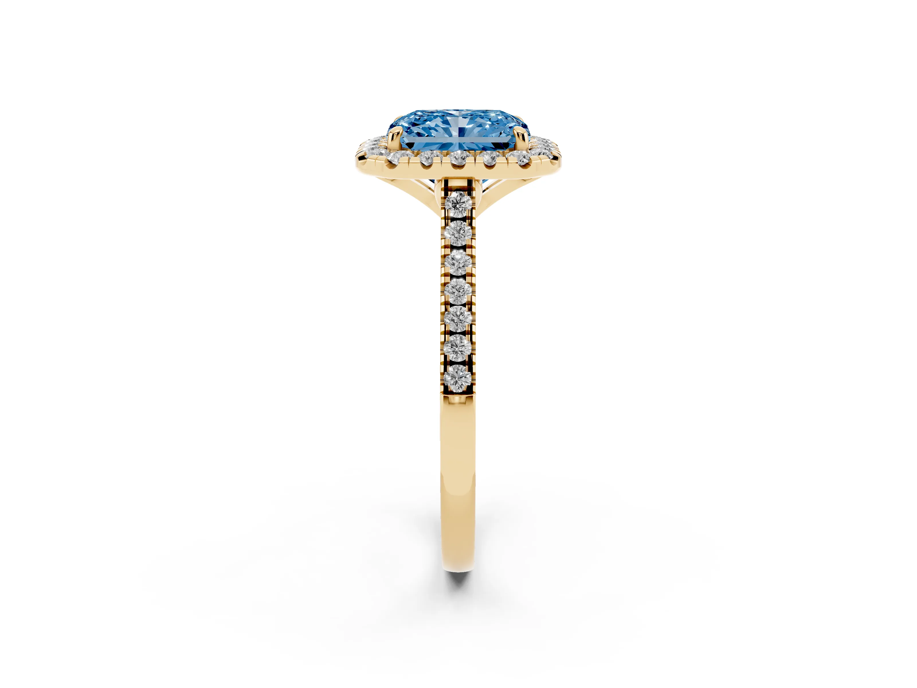 Fancy Blue Radiant Cut Diamond Cushion Halo Ring Set in Yellow gold with Pavé Band