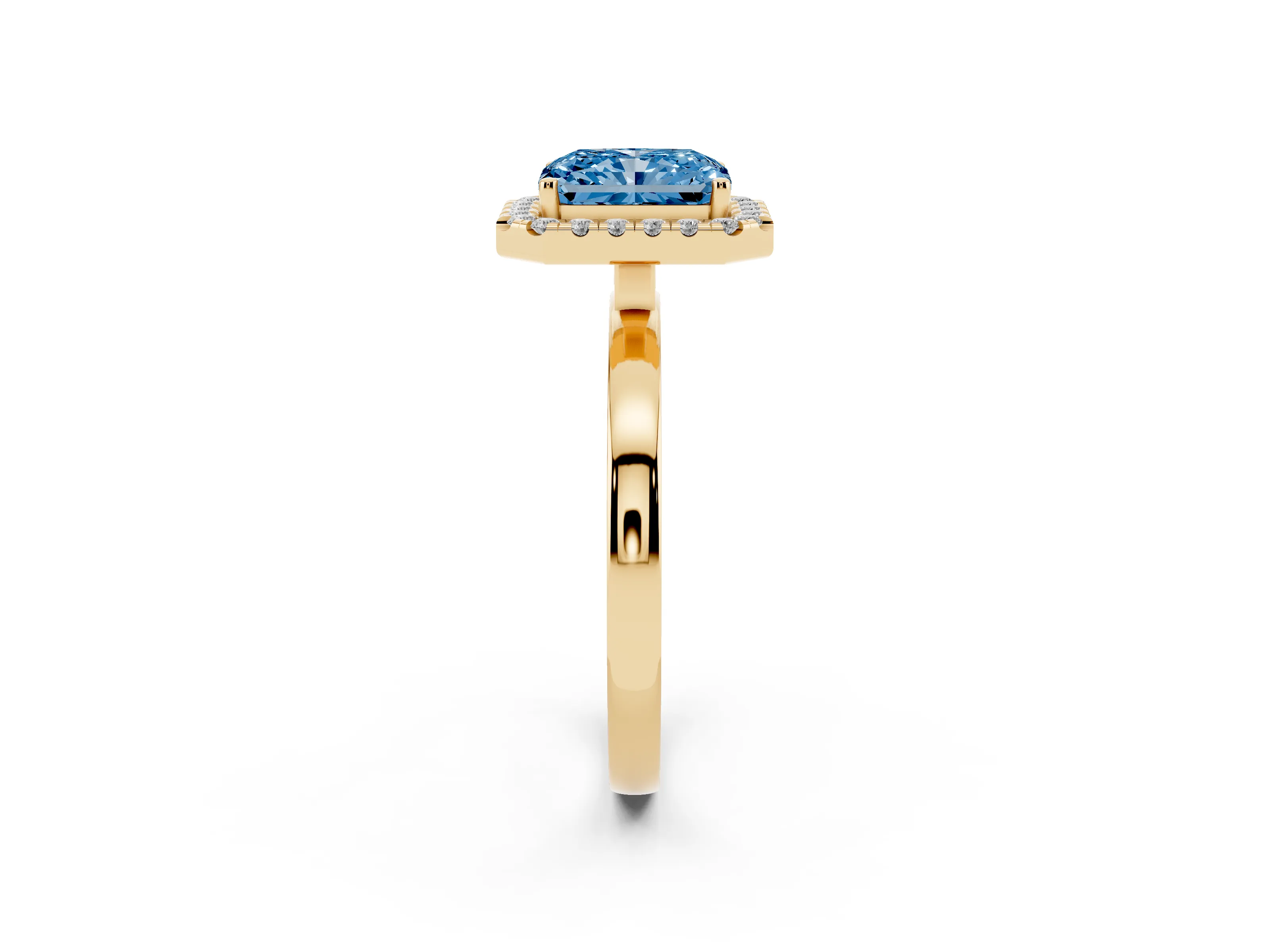 Fancy Blue Radiant Cut Diamond Halo Solitaire Ring Set in Yellow gold with Pavé Band and Prong Setting
