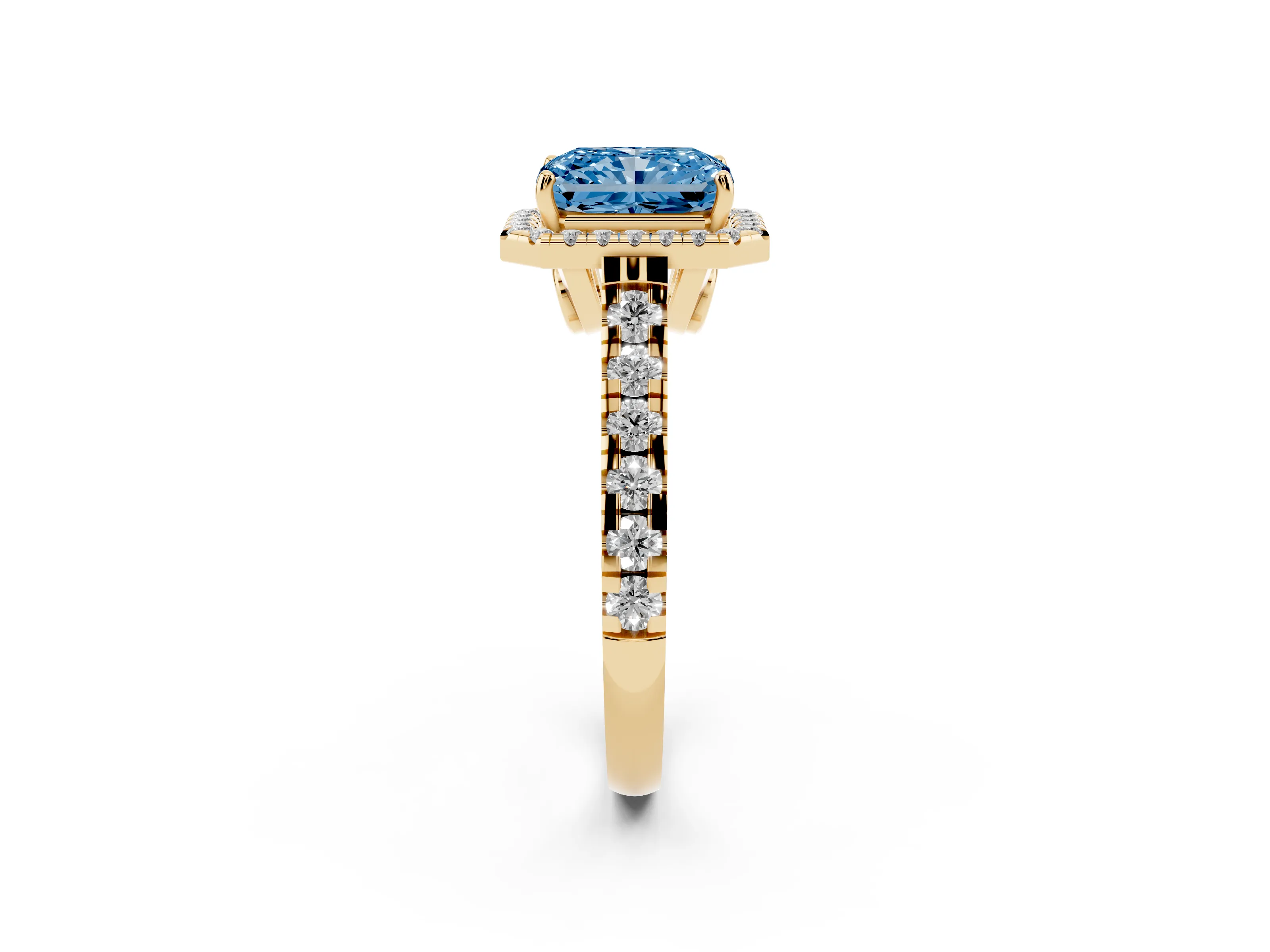 Fancy Blue Radiant Cut Diamond Halo Engagement Ring Set in Yellow gold with Pavé Band and Prong-Set Center