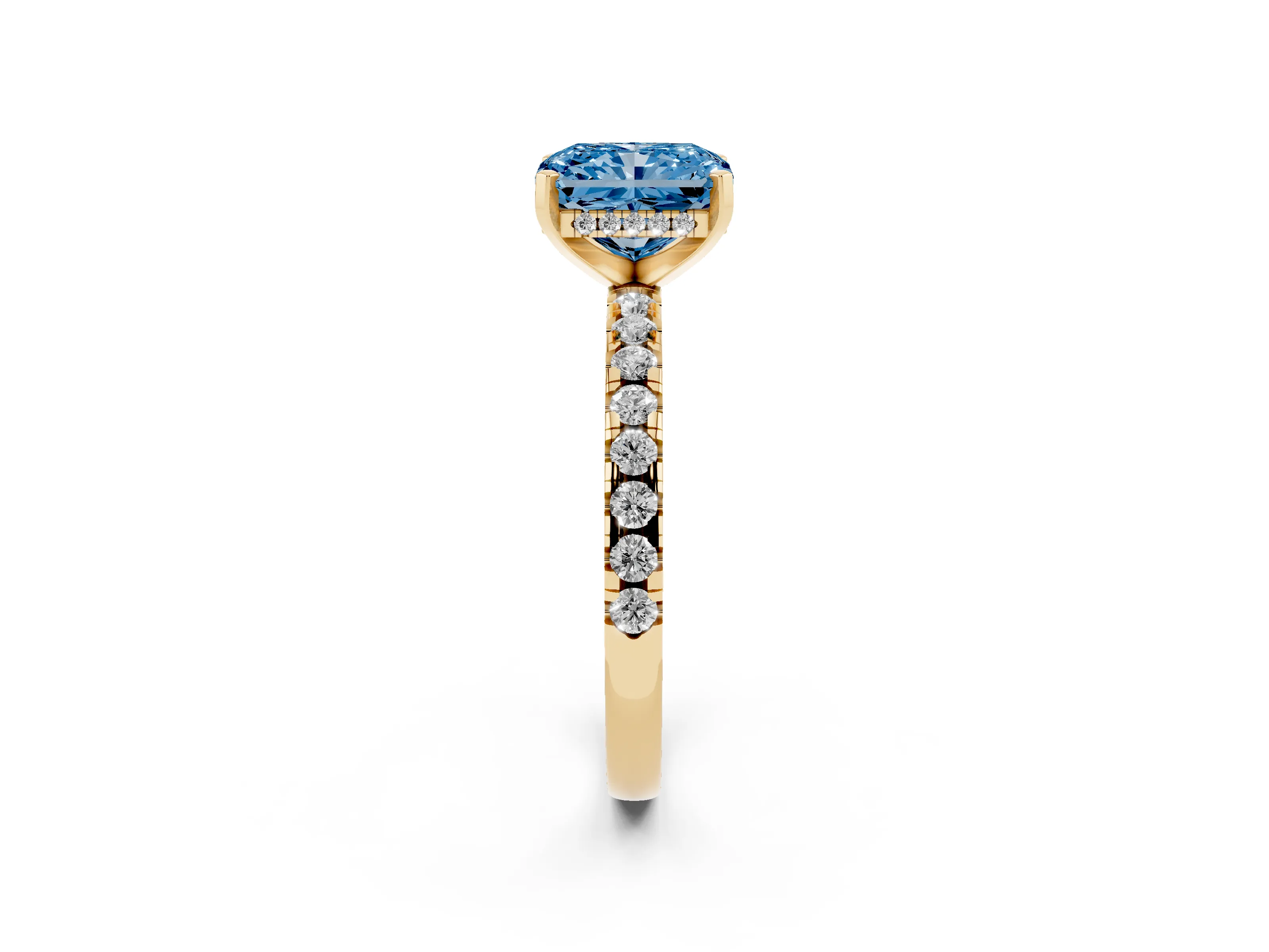Fancy Blue Radiant Cut Diamond Pavé Solitaire Ring Set in Yellow gold with Round Band Accents and Prong Setting