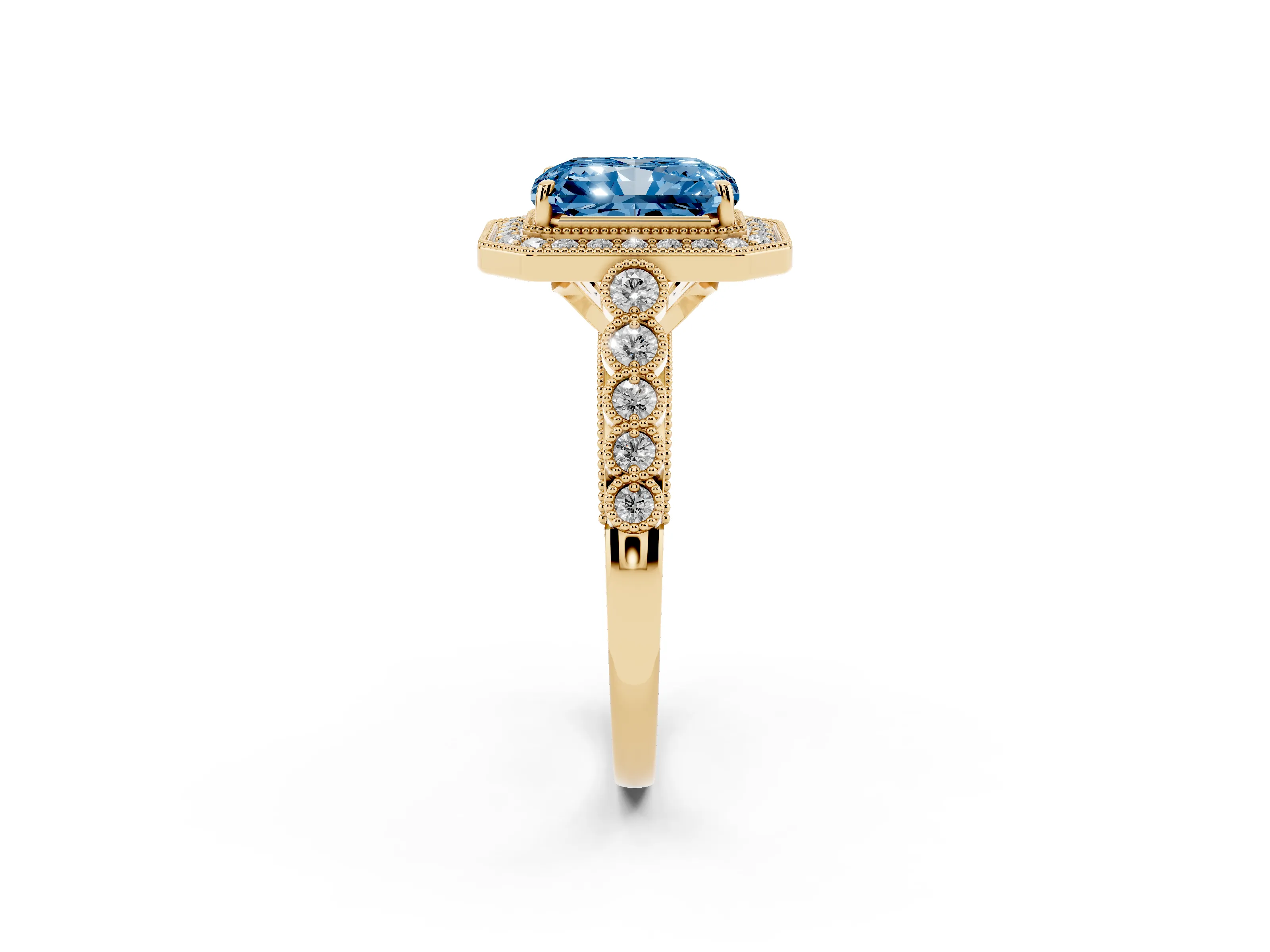 Fancy Blue Radiant Cut Diamond Milgrain Halo Solitaire Ring Set in Yellow gold with Bezel Set Side Stones and Pavé Band