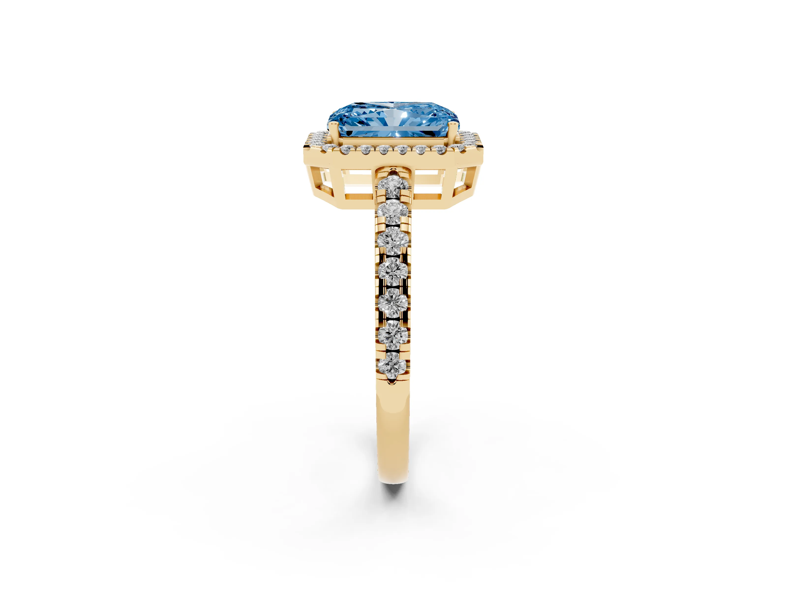 Fancy Blue Radiant Cut Diamond Halo Ring Set in Yellow gold with Delicate Pavé Band and Prong Setting