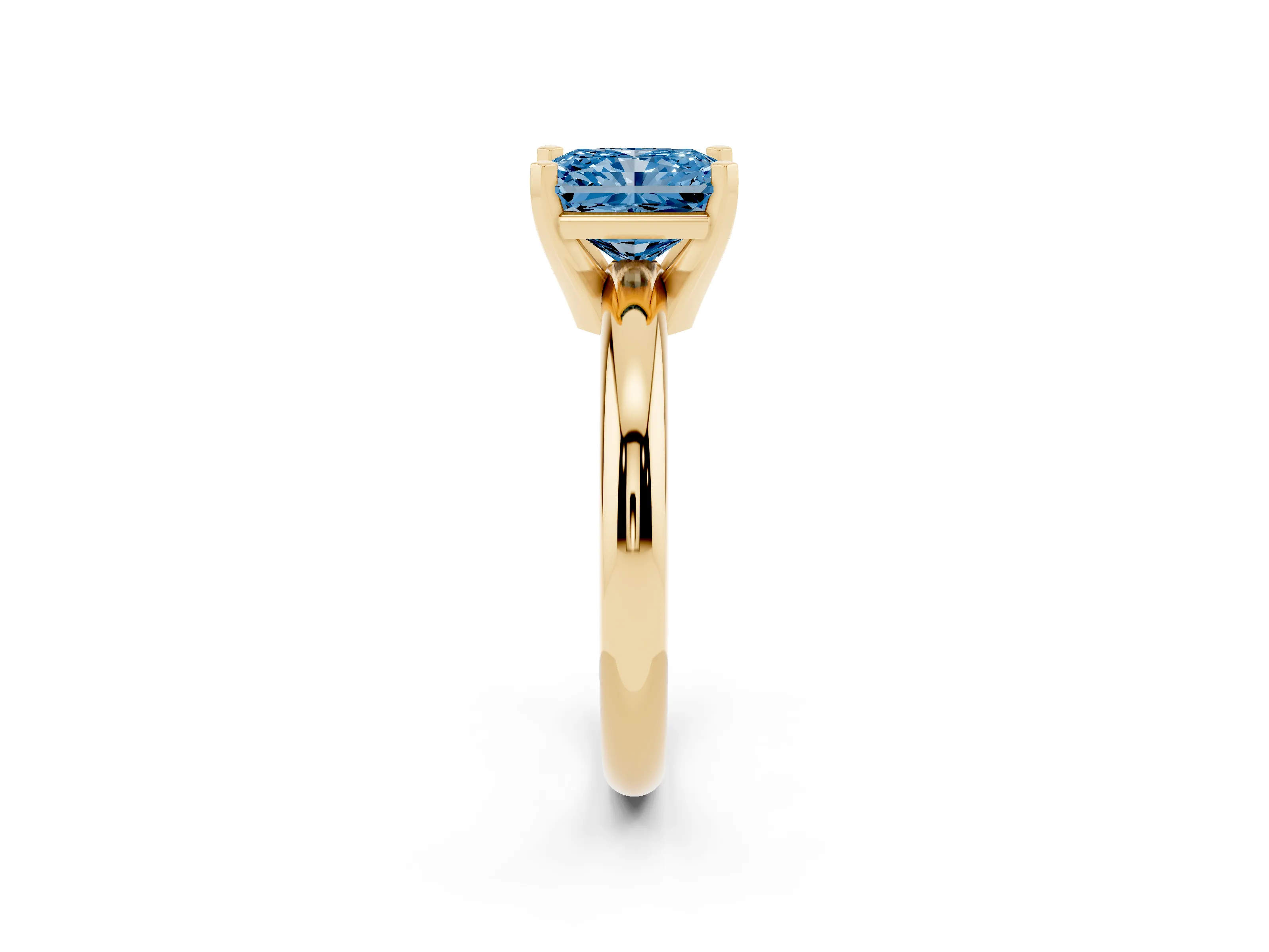 Fancy Blue Radiant Cut Diamond Solitaire Engagement Ring Set in Yellow gold with Round Band and Prong Setting