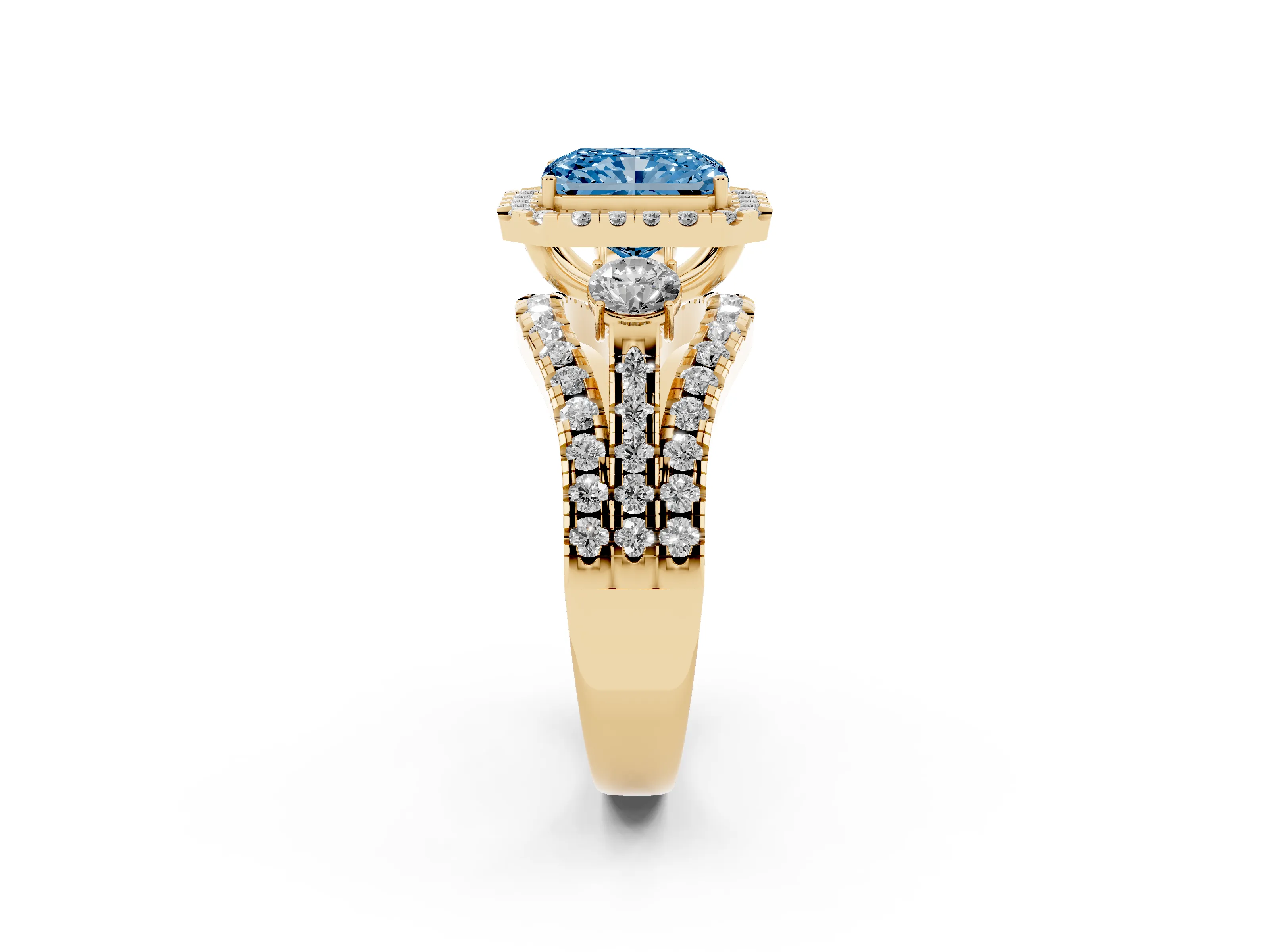 Fancy Blue Radiant Cut Diamond Halo Split Shank Ring Set in Yellow gold with Round Accent Stones and Prong Setting