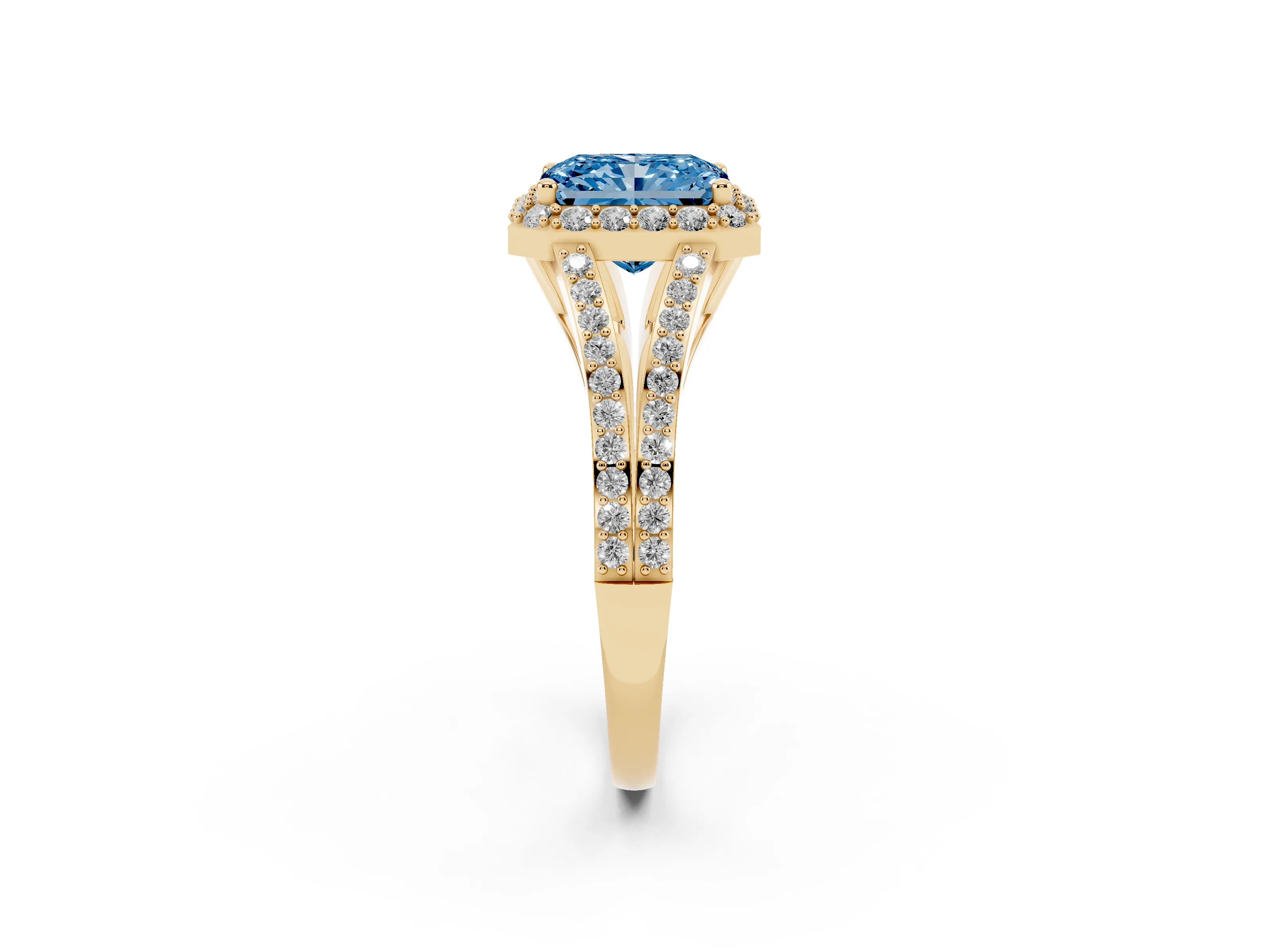 Fancy Blue Radiant Cut Diamond Halo Split Shank Pavé Ring Set in Yellow gold with Prong Setting