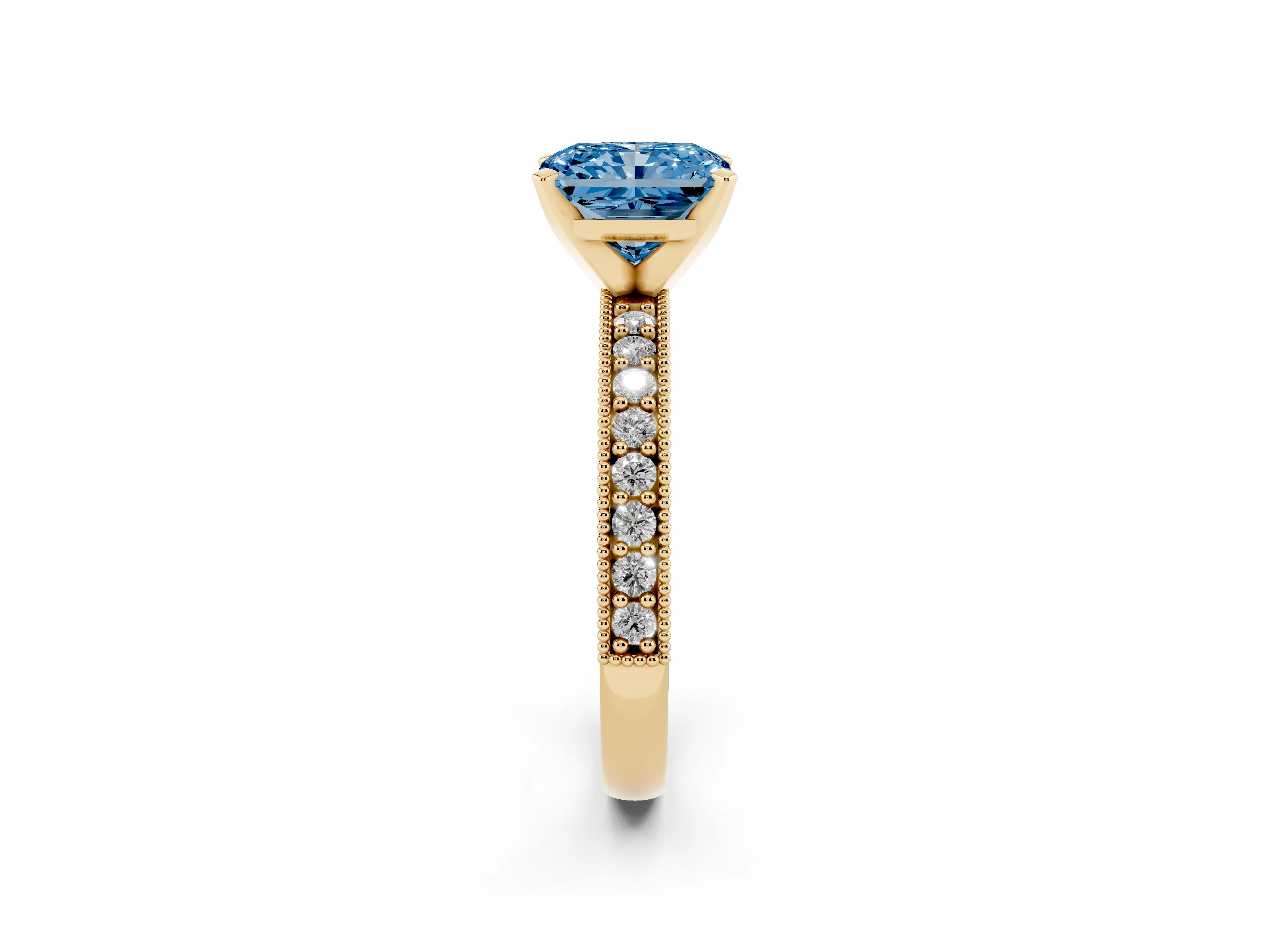Fancy Blue Radiant Cut Diamond Milgrain Pavé Engagement Ring Set in Yellow gold with Prong Setting