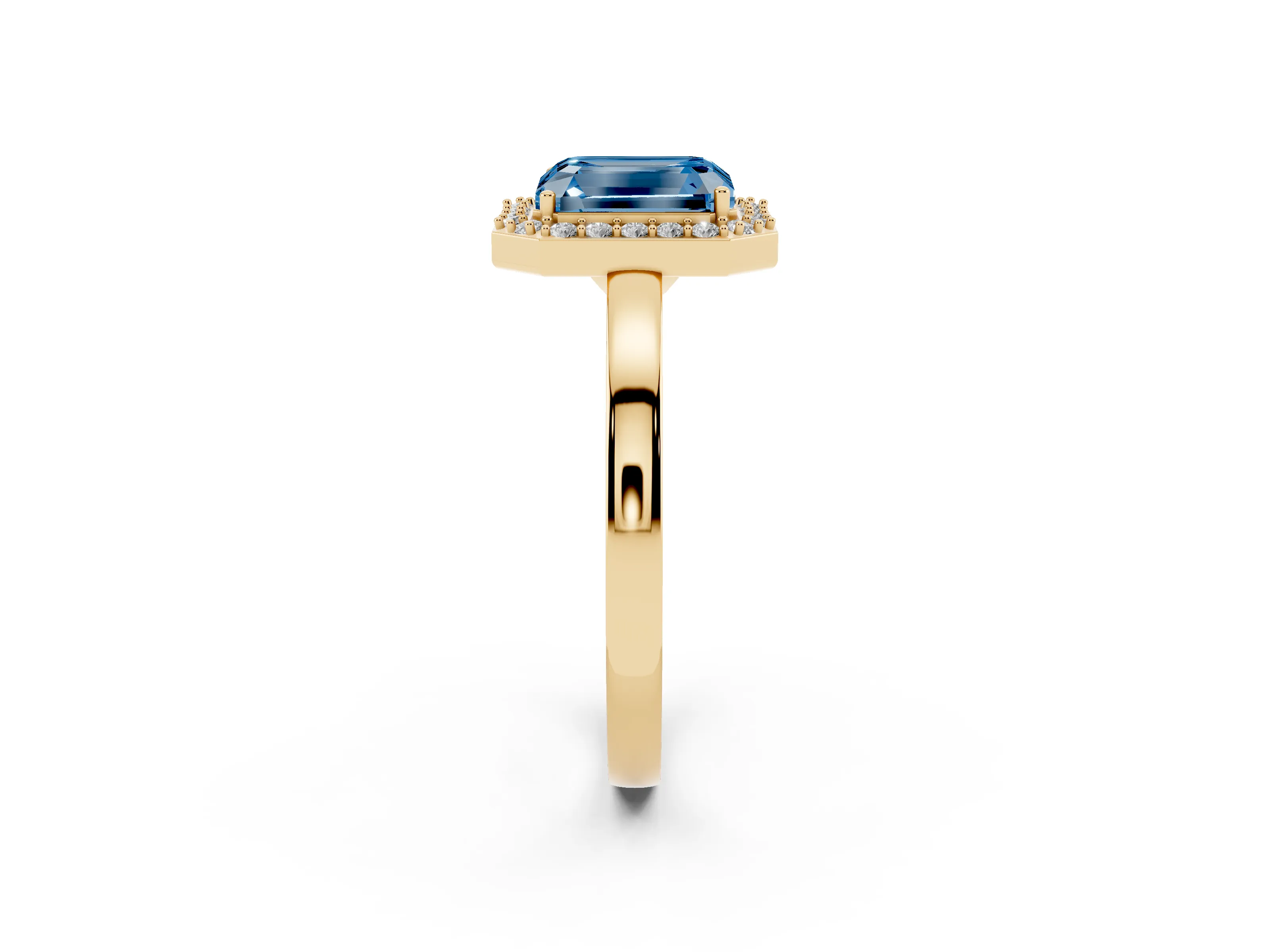 Fancy Blue Radiant Cut Diamond Halo Ring Set in Yellow gold with Solitaire Band and Prong Setting