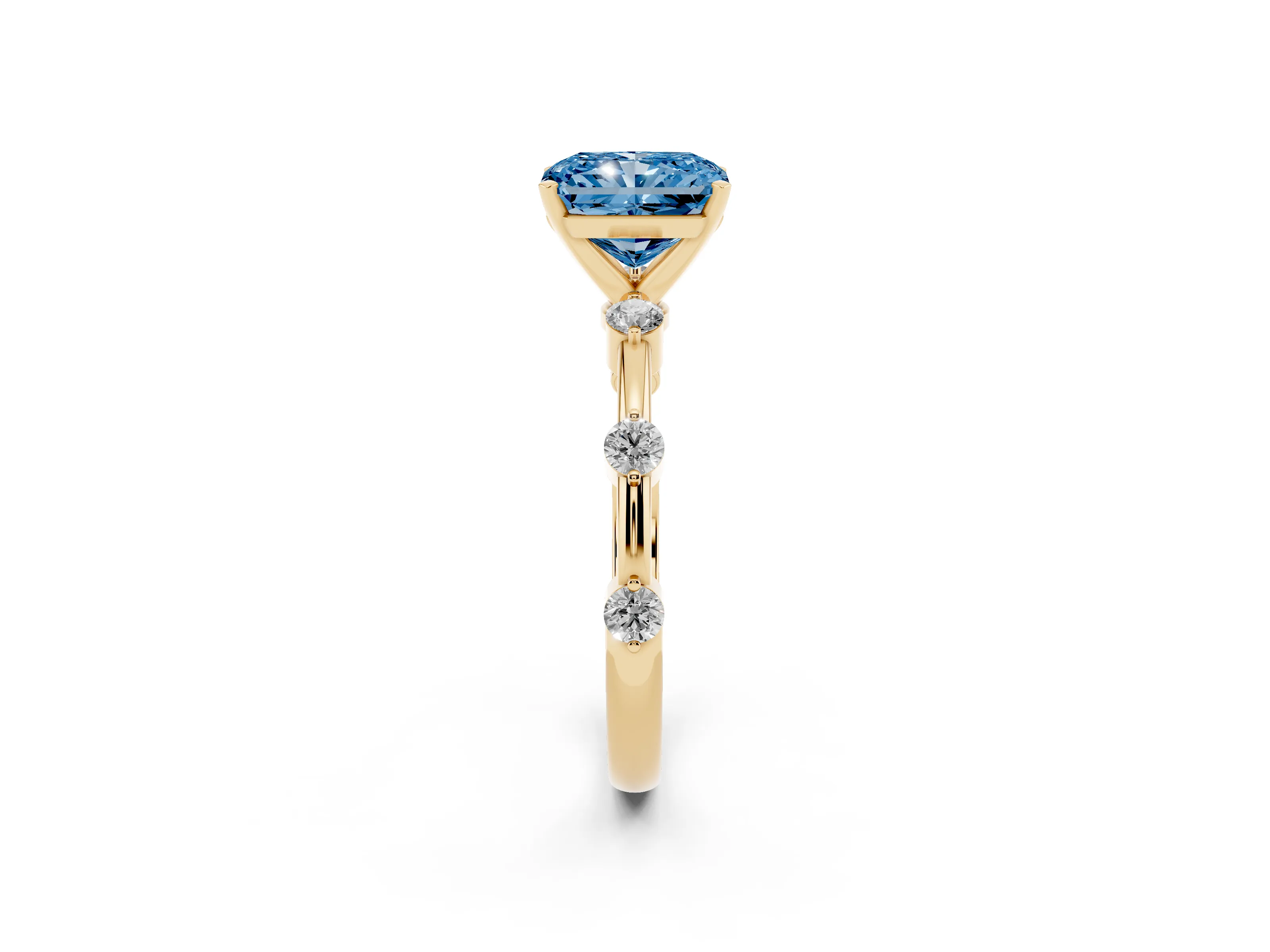 Fancy Blue Radiant Cut Diamond Solitaire Ring Set in Yellow gold with Bezel Set Side Stones and Prong Setting