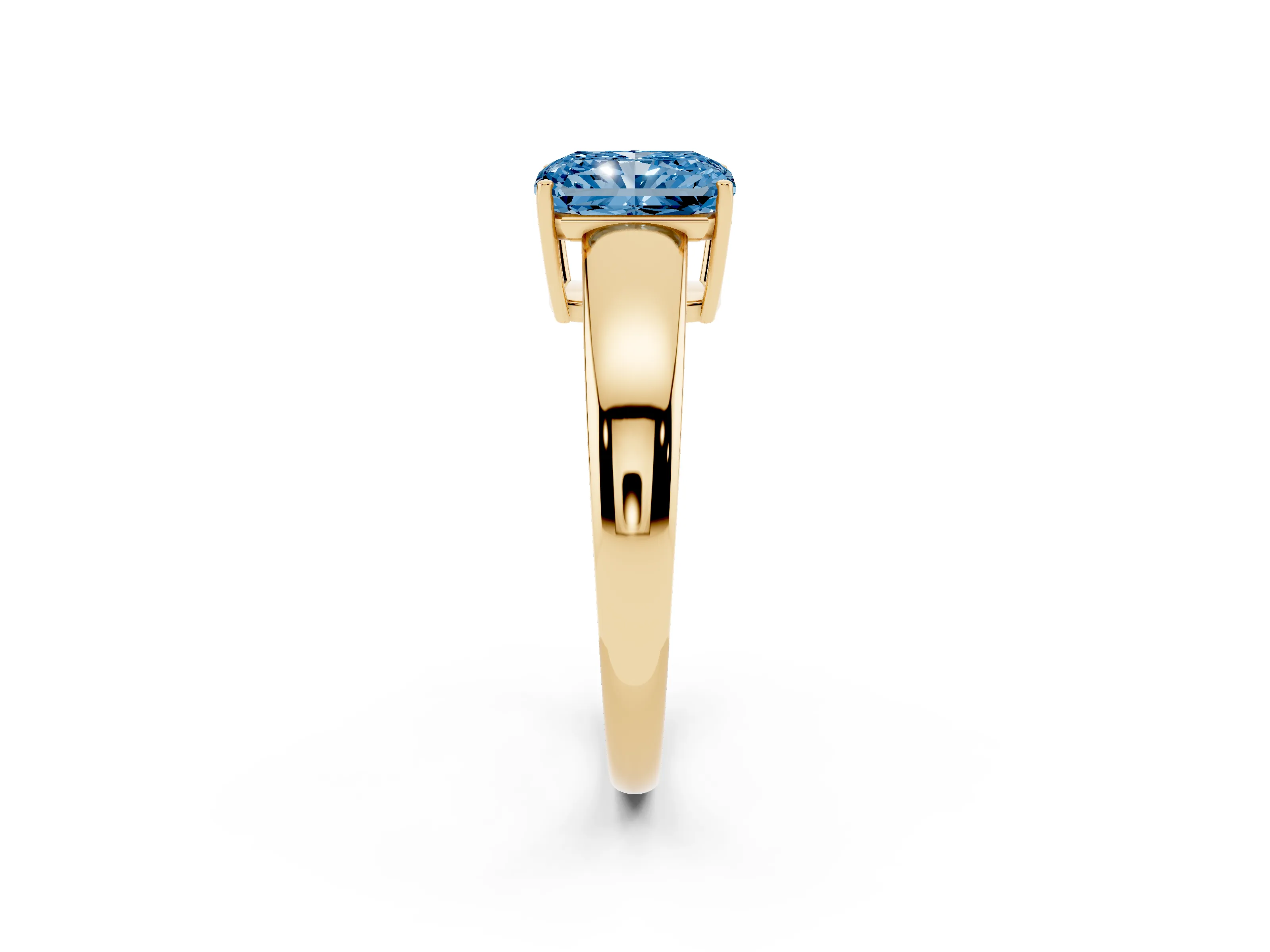 Fancy Blue Radiant Cut Diamond Solitaire Ring Set in Yellow gold with Tapered Band and Prong Setting