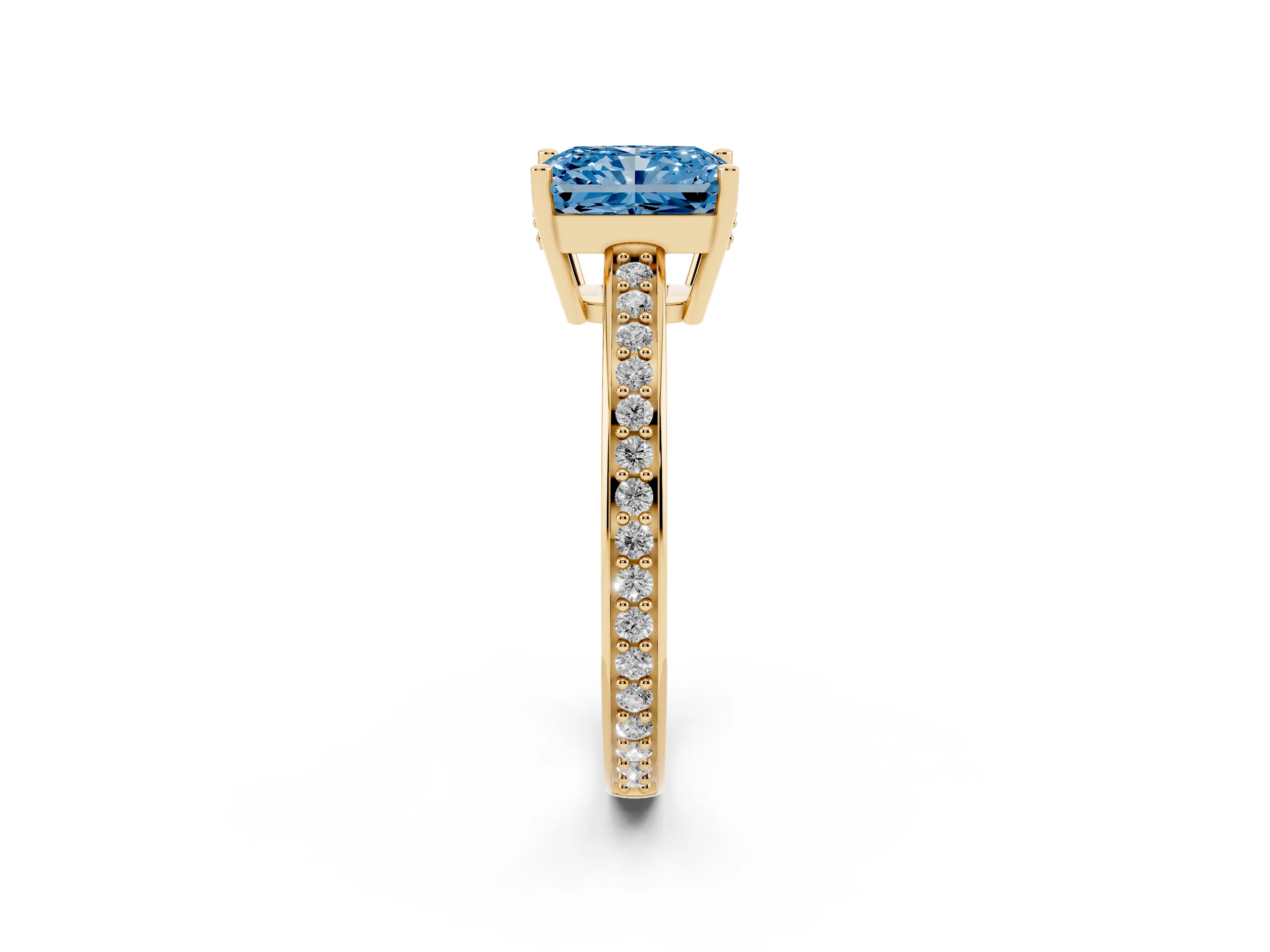 Fancy Blue Radiant Cut Diamond Pavé Band Prong Set Solitaire Ring Set in Yellow gold