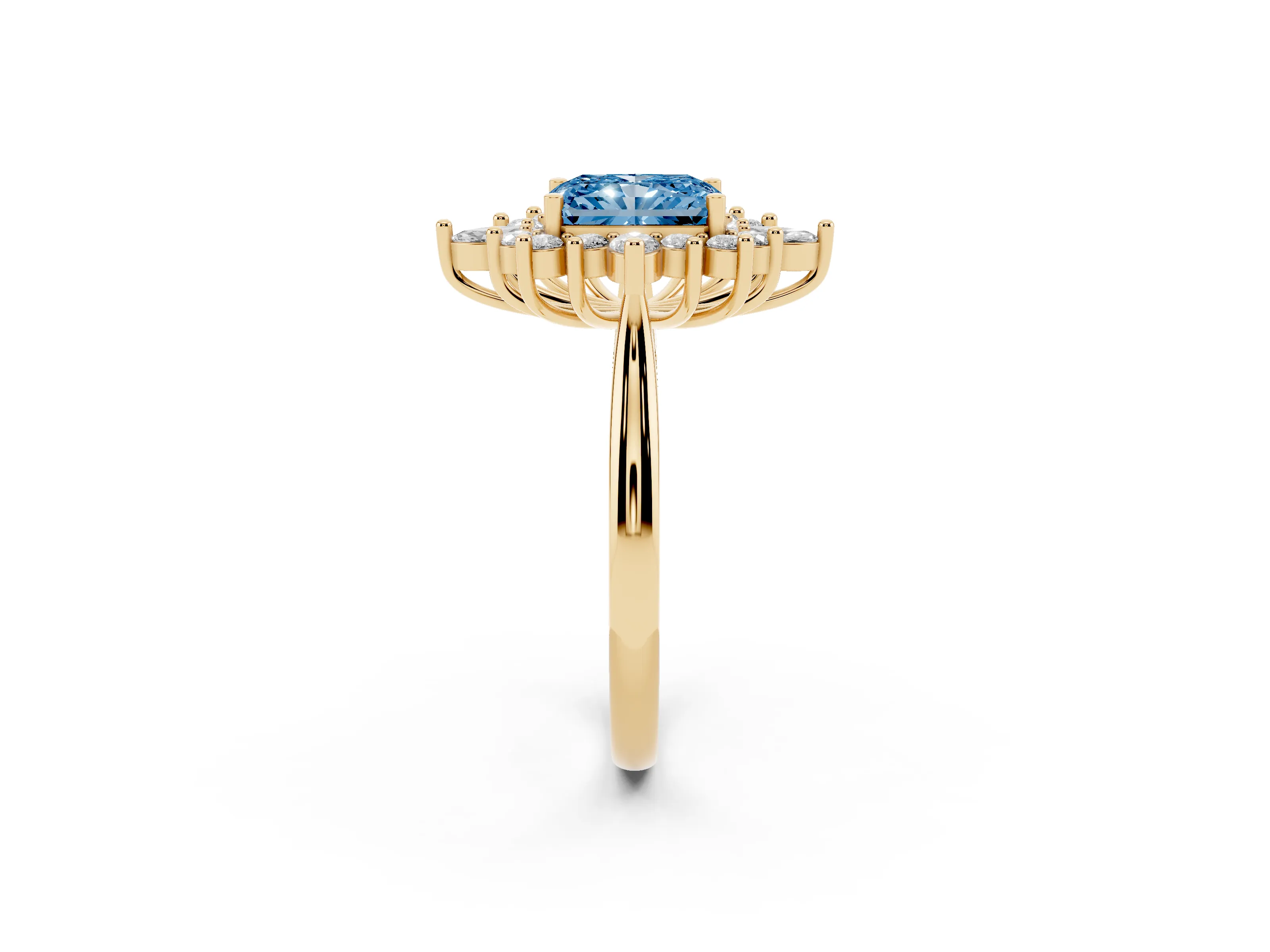 Fancy Blue Radiant Cut Diamond Cluster Halo Ring Set in Yellow gold with Marquise and Round Accents