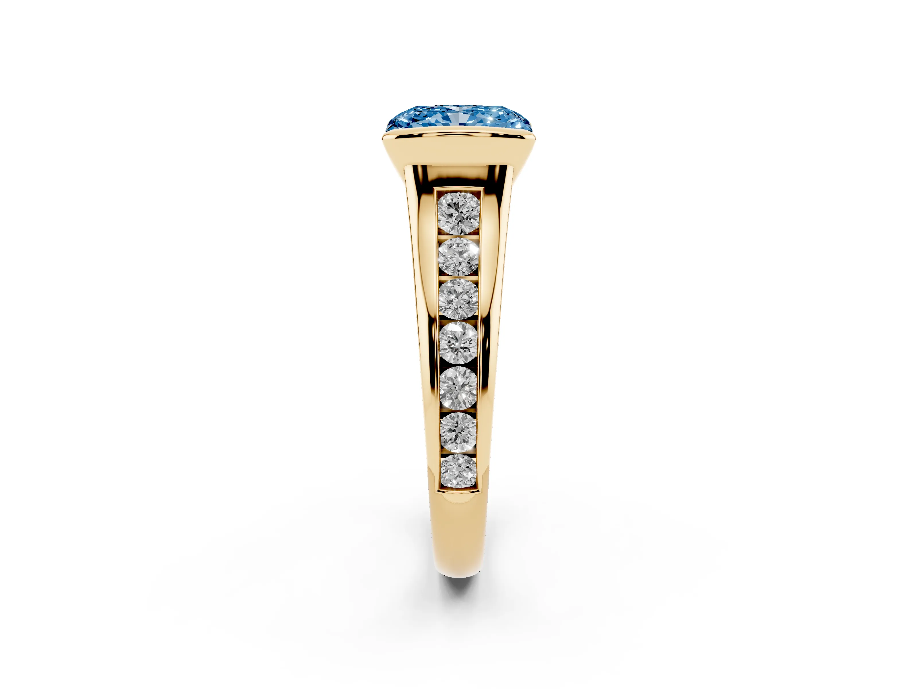 Fancy Blue Radiant Cut Diamond Bezel-Set Solitaire Ring Set in Yellow gold with Channel-Set Band