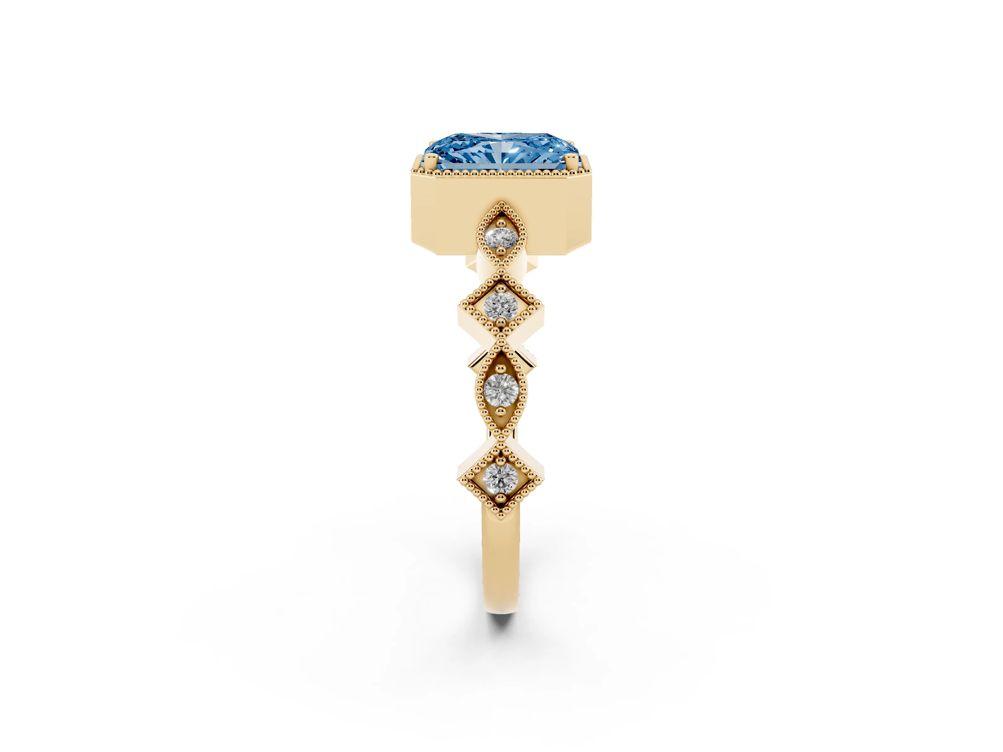 Fancy Blue Radiant Cut Diamond Milgrain Marquise Twist Band Ring Set in Yellow gold with Prong Setting