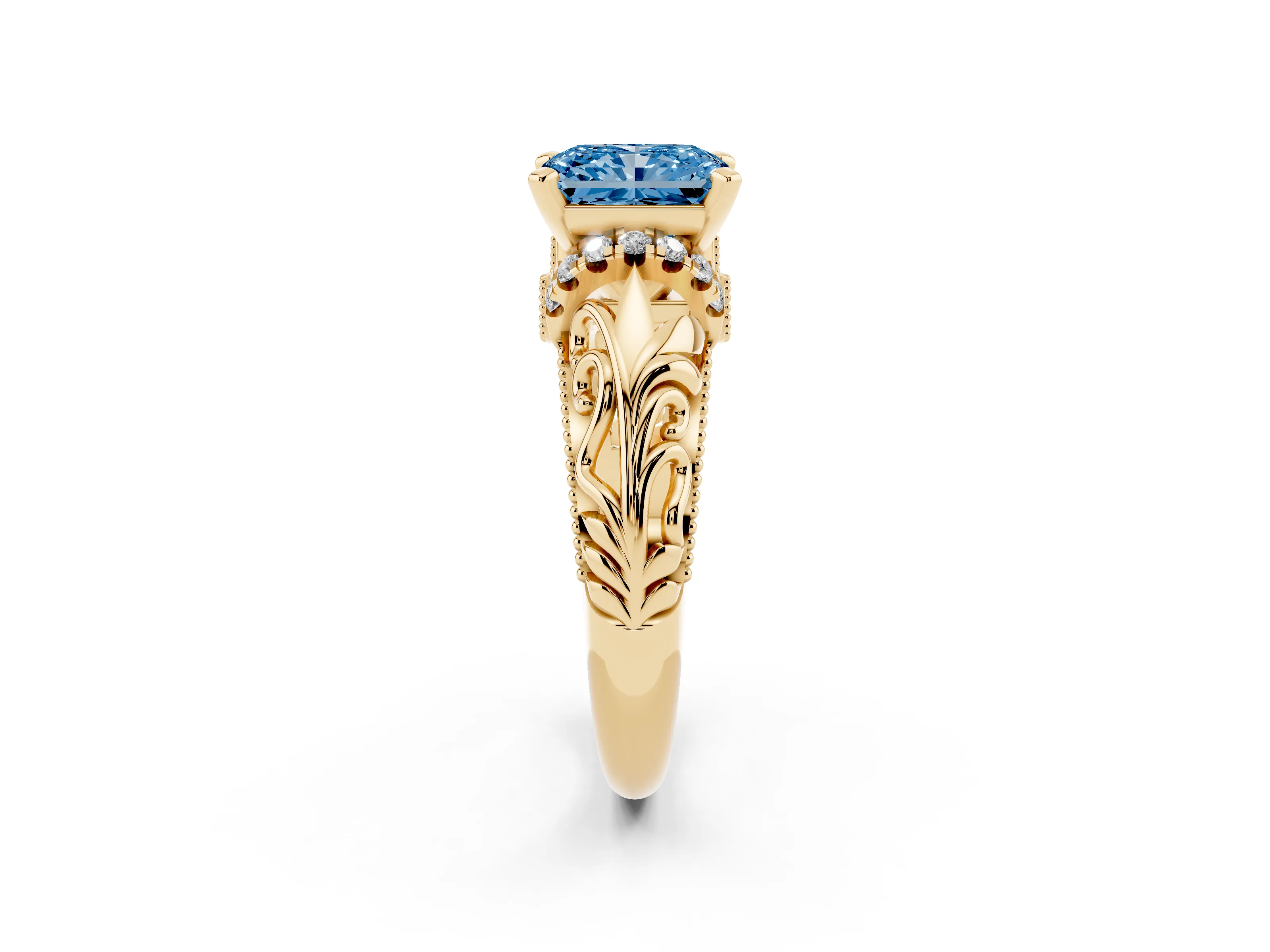 Fancy Blue Radiant Cut Diamond Filigree Halo Engagement Ring Set in Yellow gold with Prong Setting