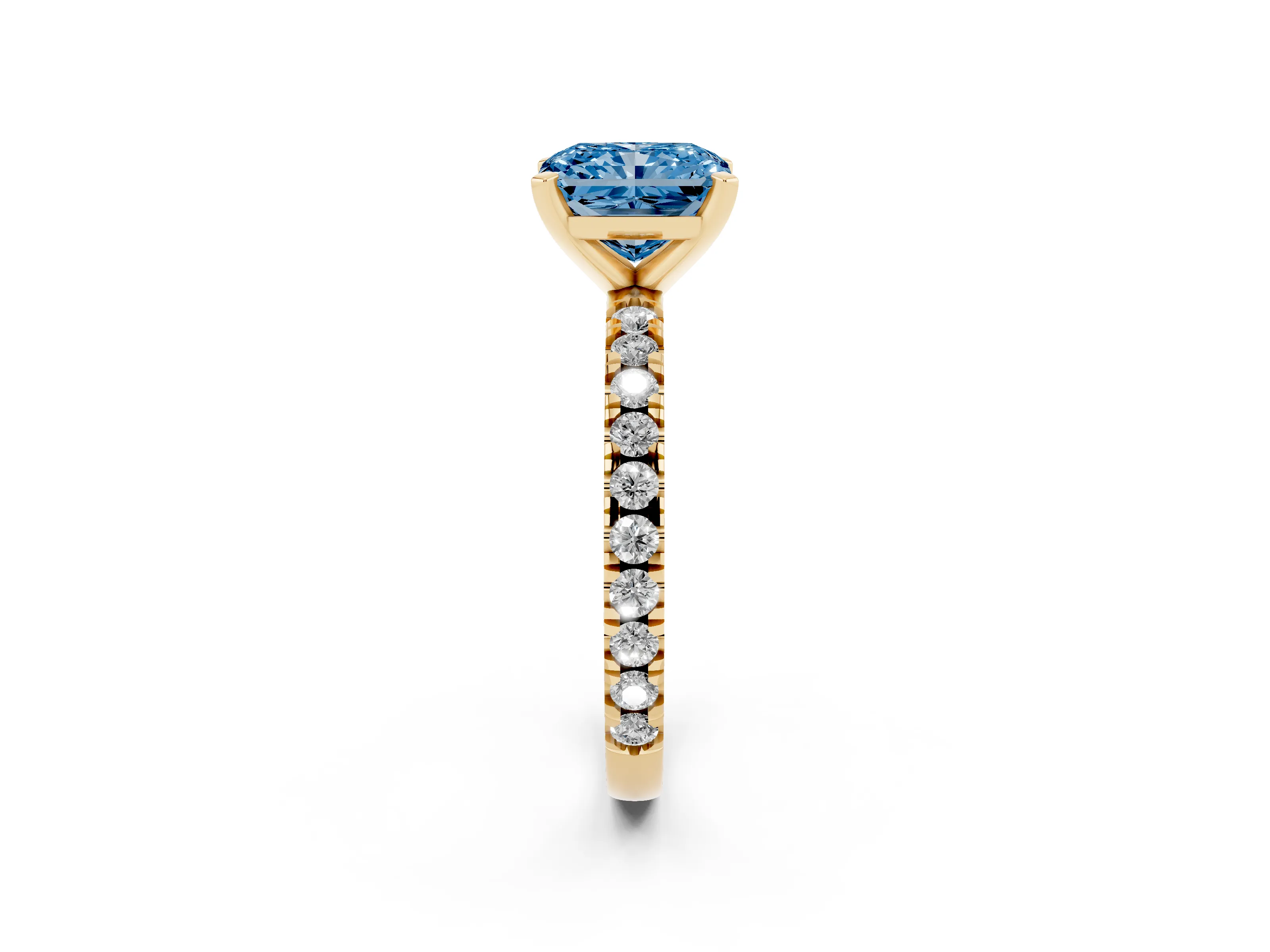 Fancy Blue Radiant Cut Diamond Pavé Band Solitaire Set in Yellow gold with Prong Setting