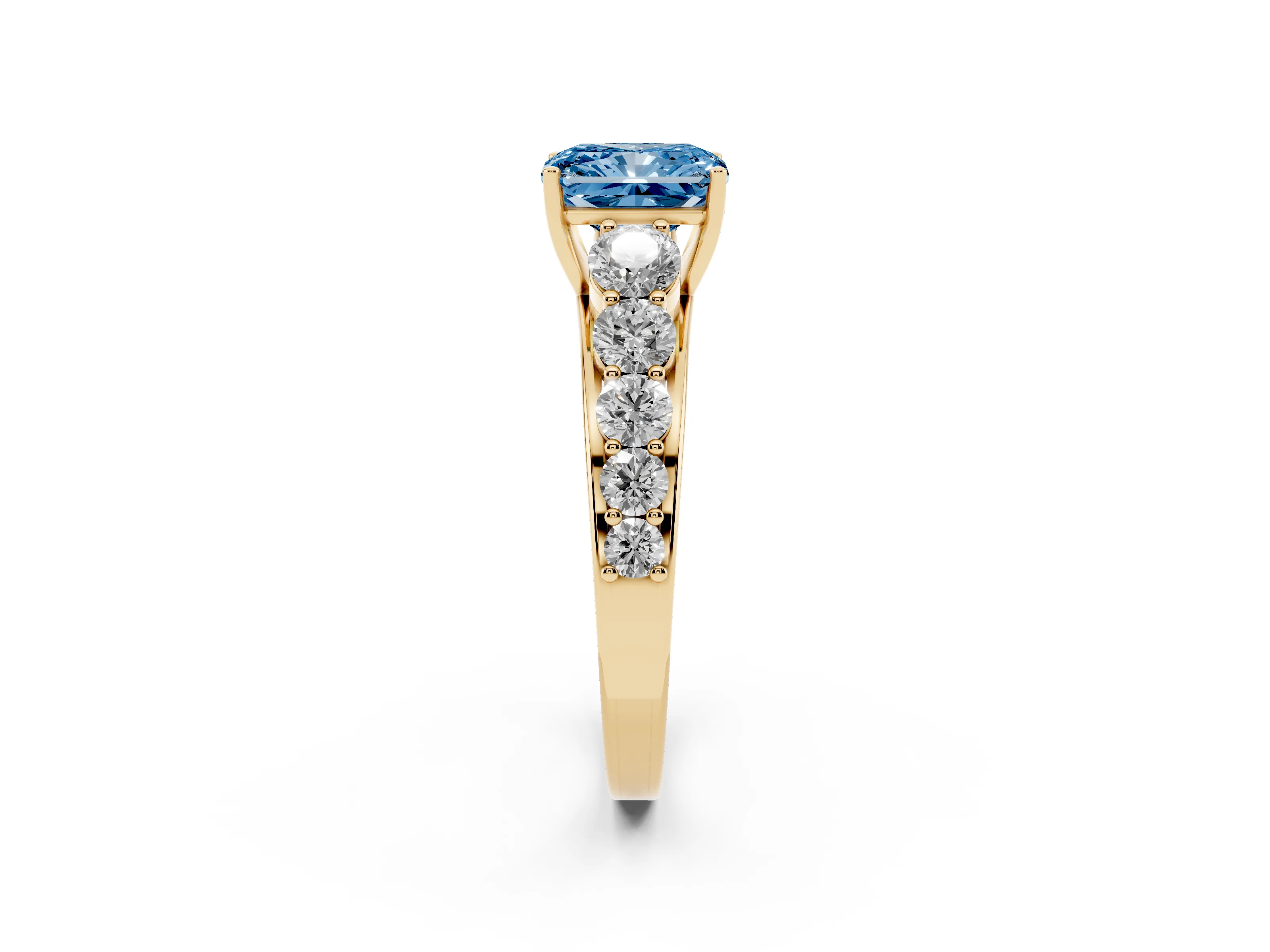 Fancy Blue Radiant Cut Diamond Solitaire Ring Set in Yellow gold with Pavé-Set Band and Prong Setting