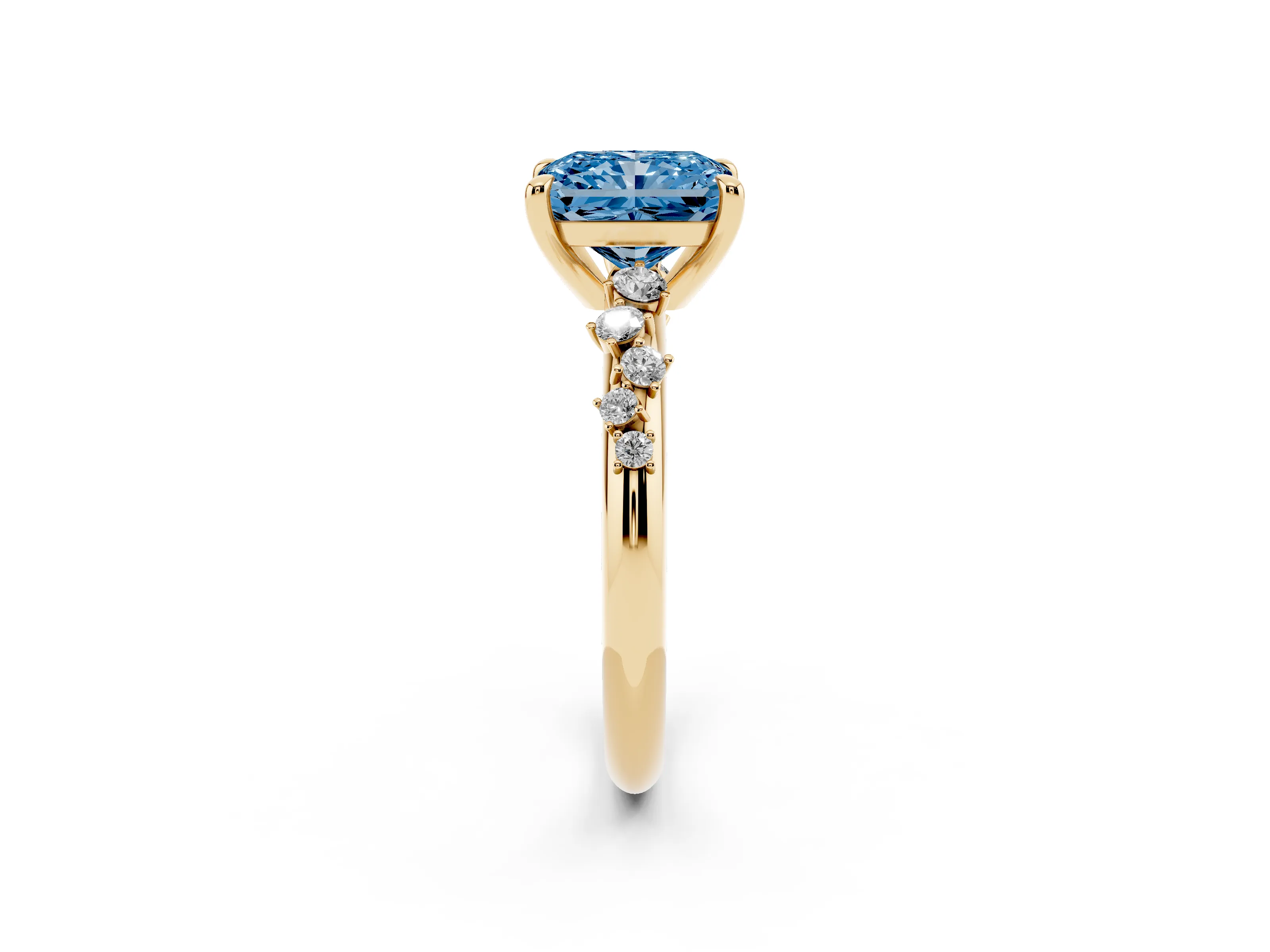 Fancy Blue Radiant Cut Diamond Solitaire Vine Band Ring Set in Yellow gold with Round Accents and Prong Setting