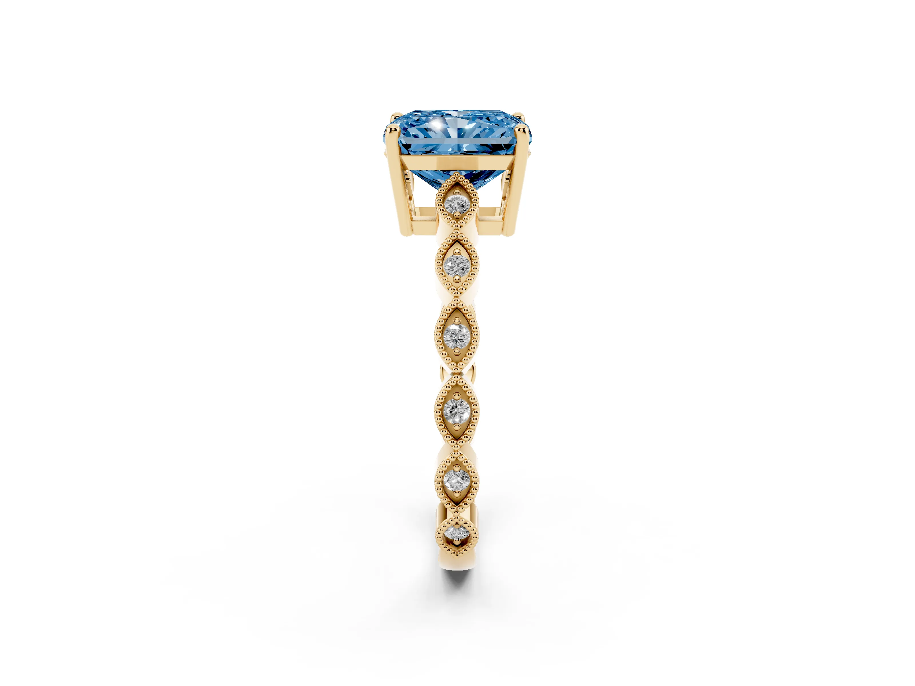 Fancy Blue Radiant Cut Diamond Solitaire Ring Set in Yellow gold with Infinity Twist Pavé Band