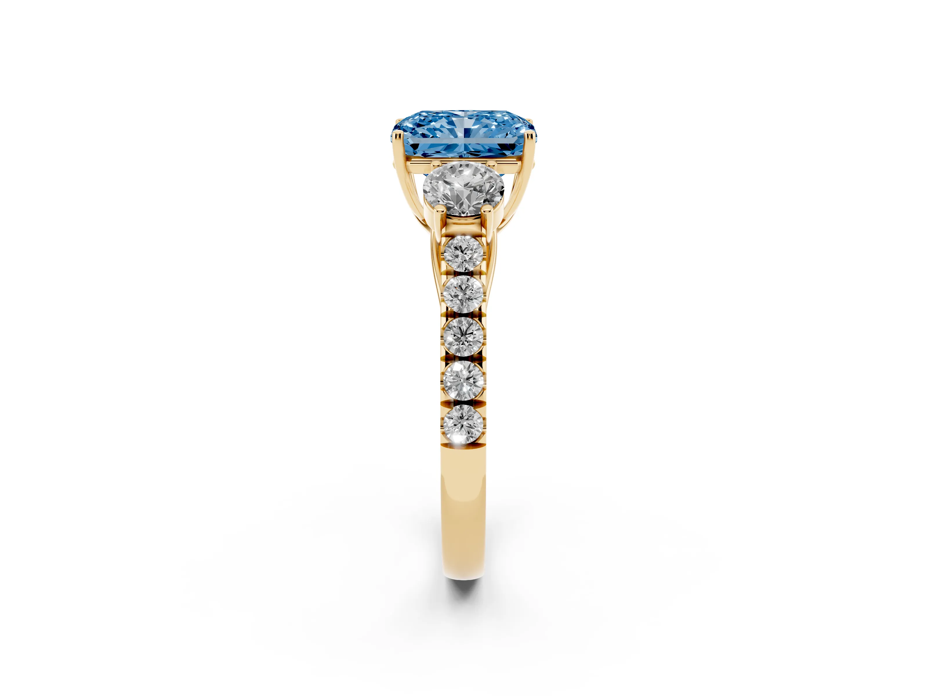 Fancy Blue Radiant Cut Diamond Three-Stone Ring Set in Yellow gold with Round Side Stones and Delicate Pavé Band