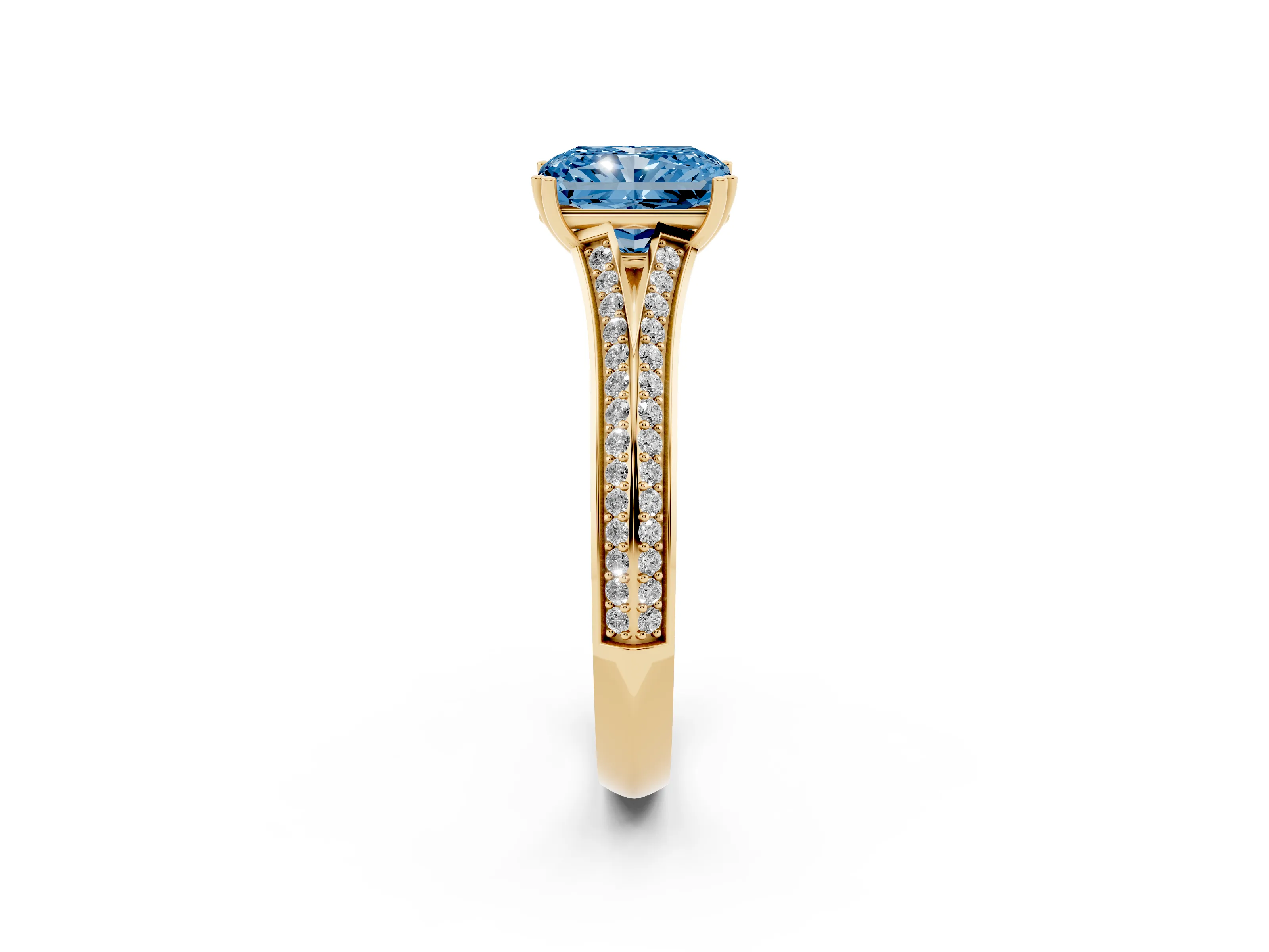 Fancy Blue Radiant Cut Diamond Split Shank Pavé Engagement Ring Set in Yellow gold with Prong-Set Center Stone