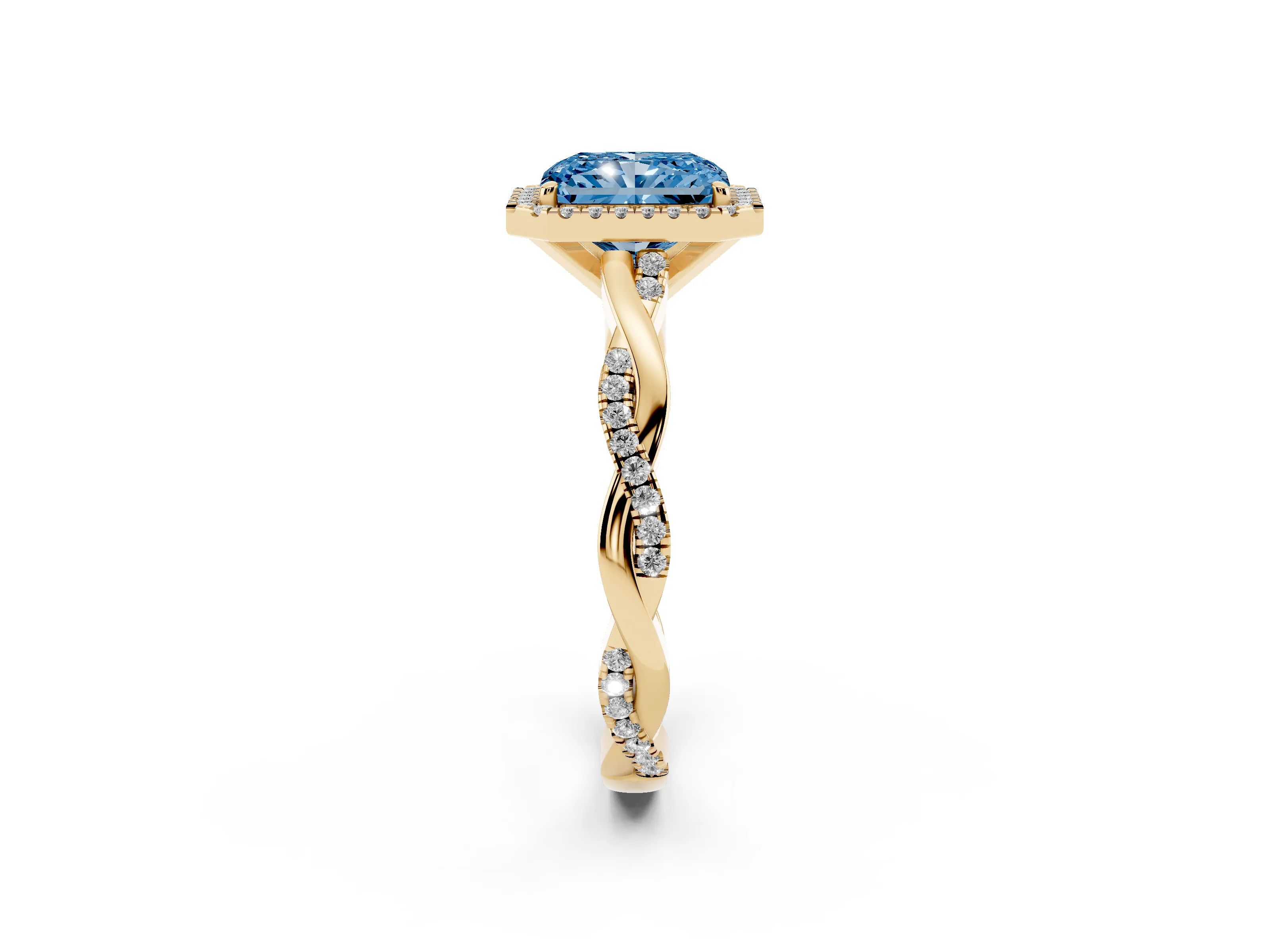Fancy Blue Radiant Cut Diamond Halo Twisted Band Ring Set in Yellow gold with Prong Setting