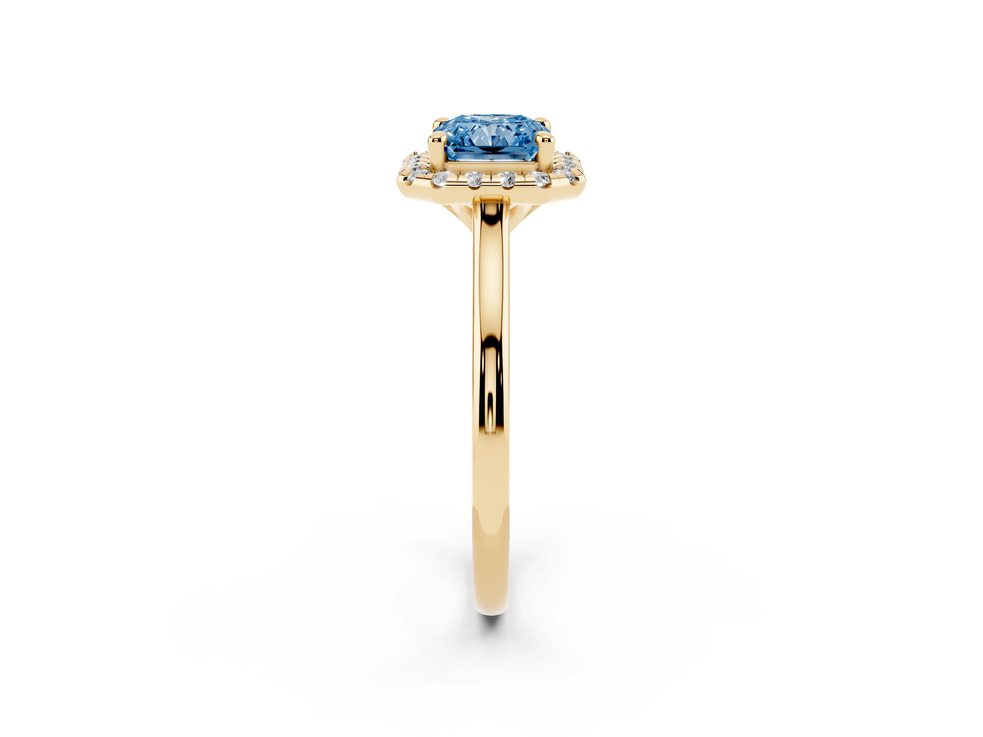 Fancy Blue Radiant Cut Diamond Halo Engagement Ring Set in Yellow gold with Pavé Band and Rising Shoulders
